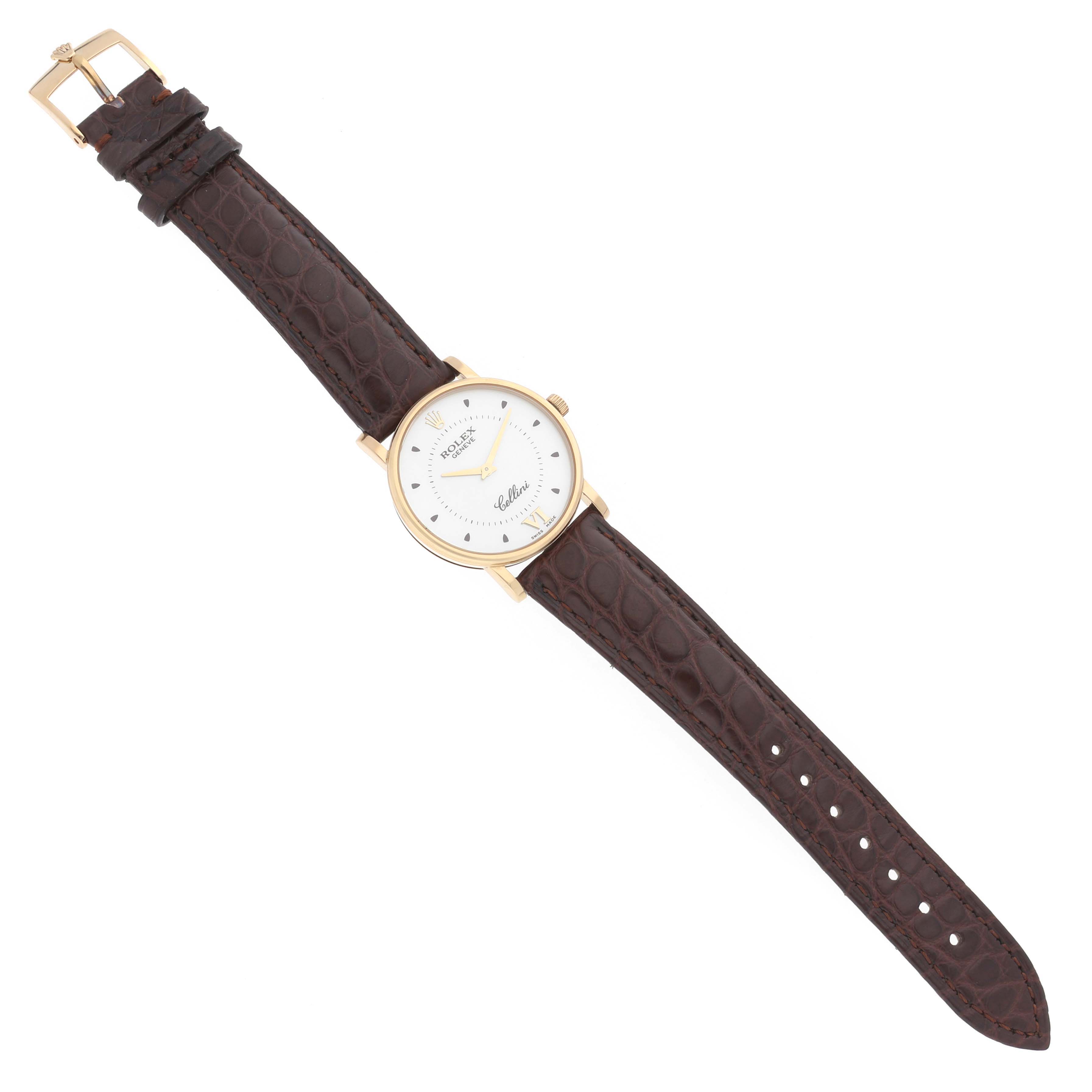 The Rolex Cellini 5115 Men's Yellow Gold Silver Dial 5115 Men's Yellow Gold Silver Dial watch is shown from a top-down angle, highlighting the dial, case, brown leather strap, and buckle.