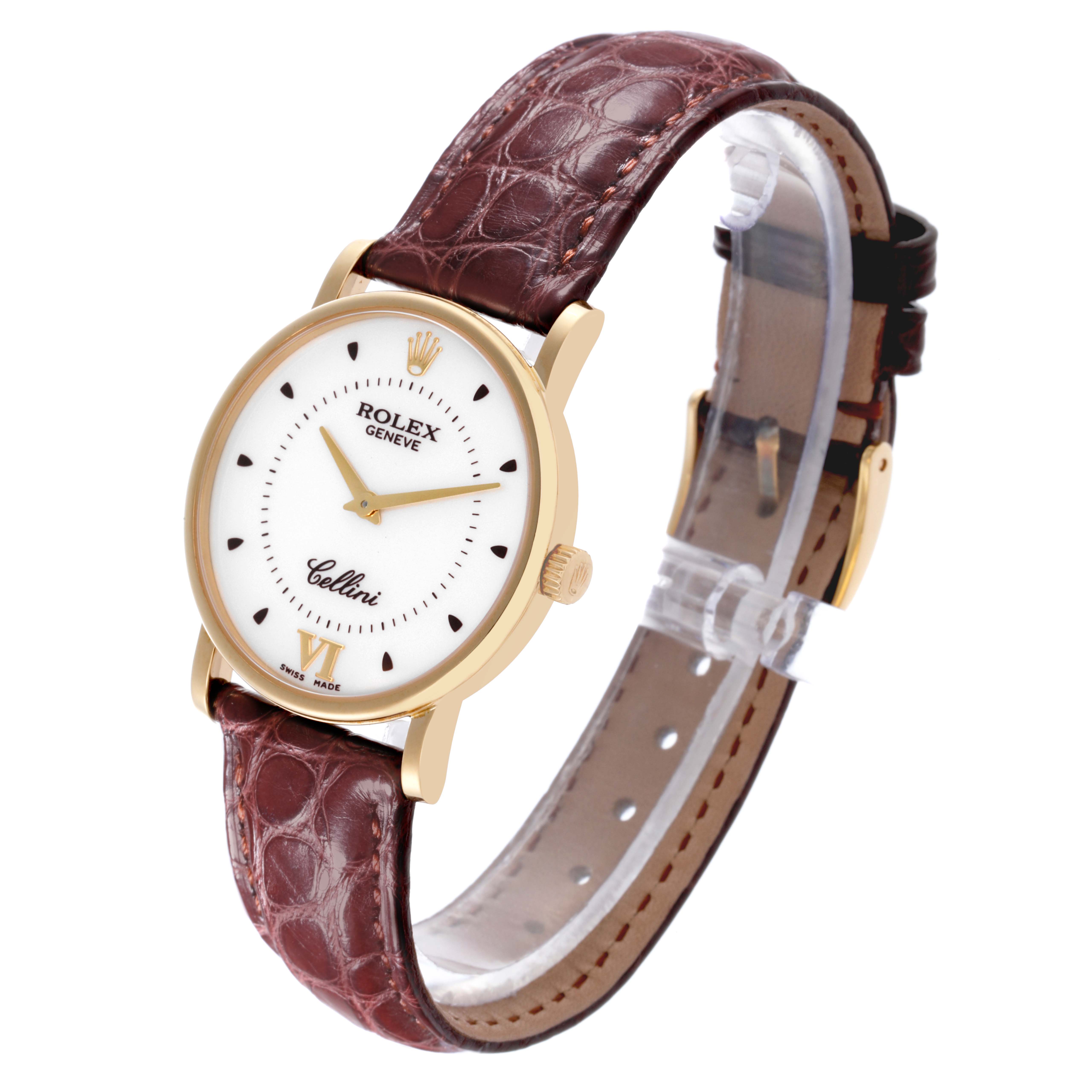 The Rolex Cellini 5115 Men's Yellow Gold Silver Dial 5115 Men's Yellow Gold Silver Dial watch is shown at a 3/4 angle, displaying the face, case, and leather strap clearly.