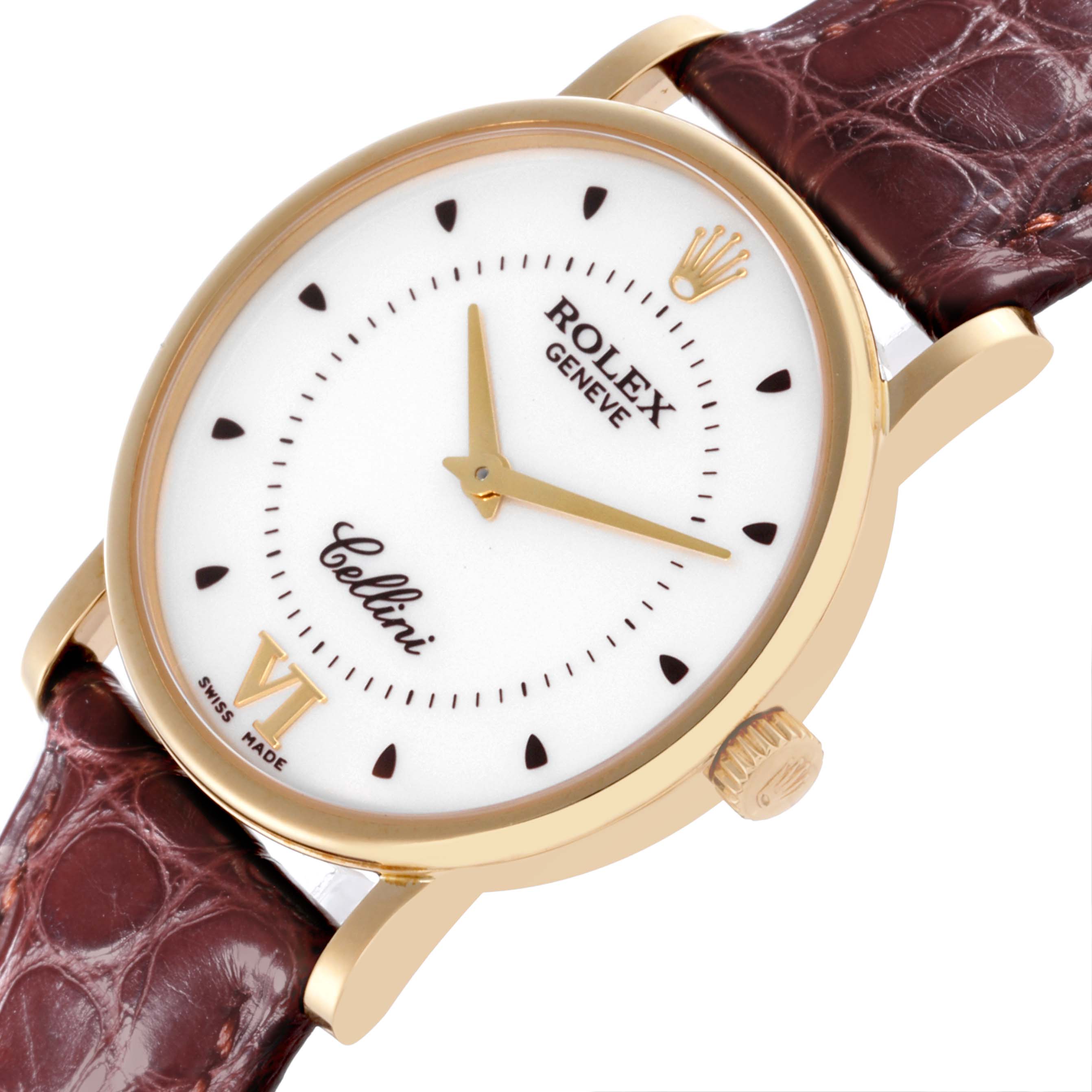The Rolex Cellini 5115 Men's Yellow Gold Silver Dial 5115 Men's Yellow Gold Silver Dial watch is shown at a slight angle, displaying the dial, gold case, crown, and brown leather strap.