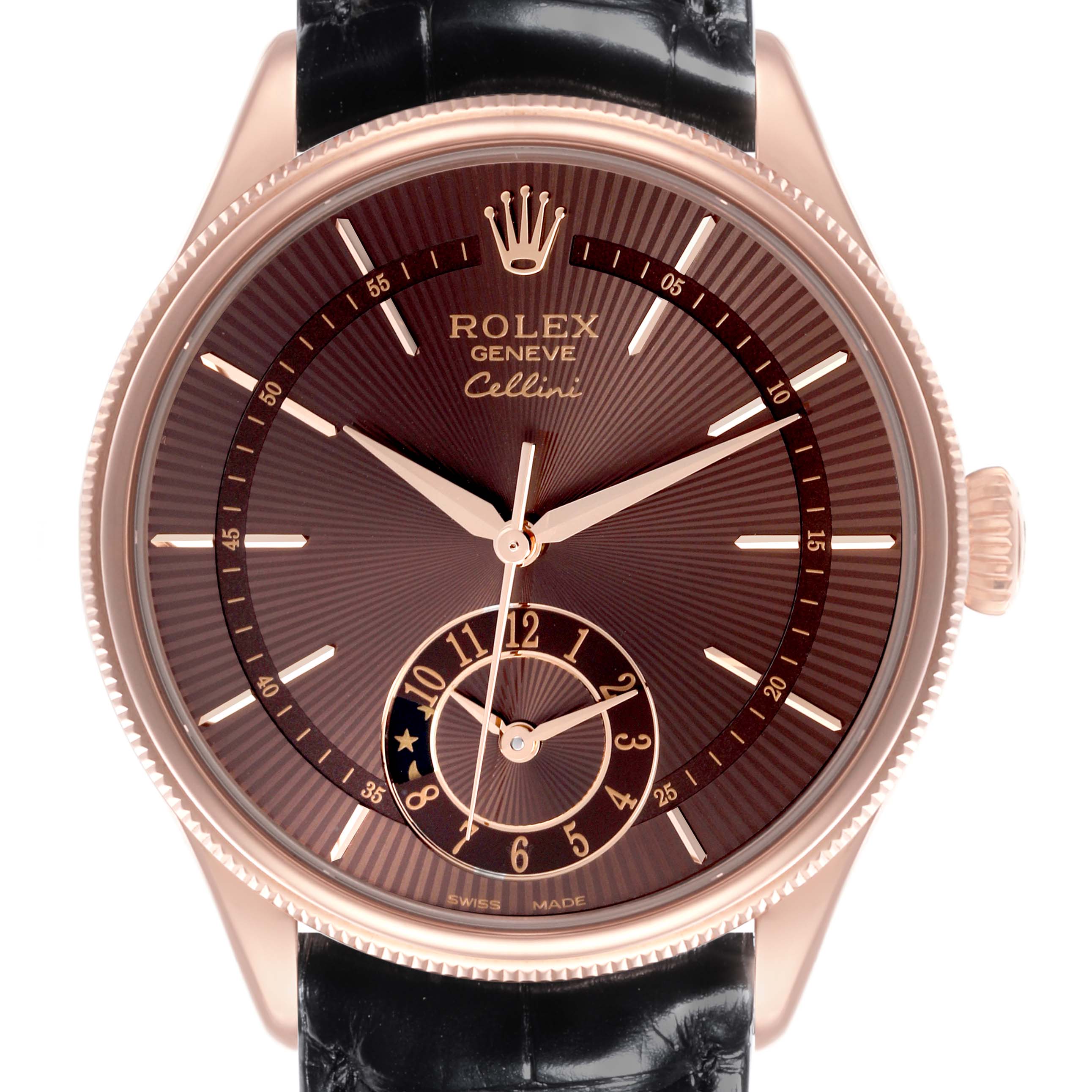 The Rolex Cellini 50525 Men
s Rose Gold Brown Dial 50525 Men
s Rose Gold Brown Dial watch is shown from a front angle, highlighting its dial, crown, and part of the leather strap.