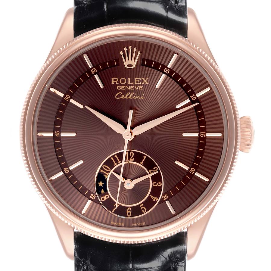 The Rolex Cellini watch is shown from a front angle, highlighting its dial, crown, and part of the leather strap.