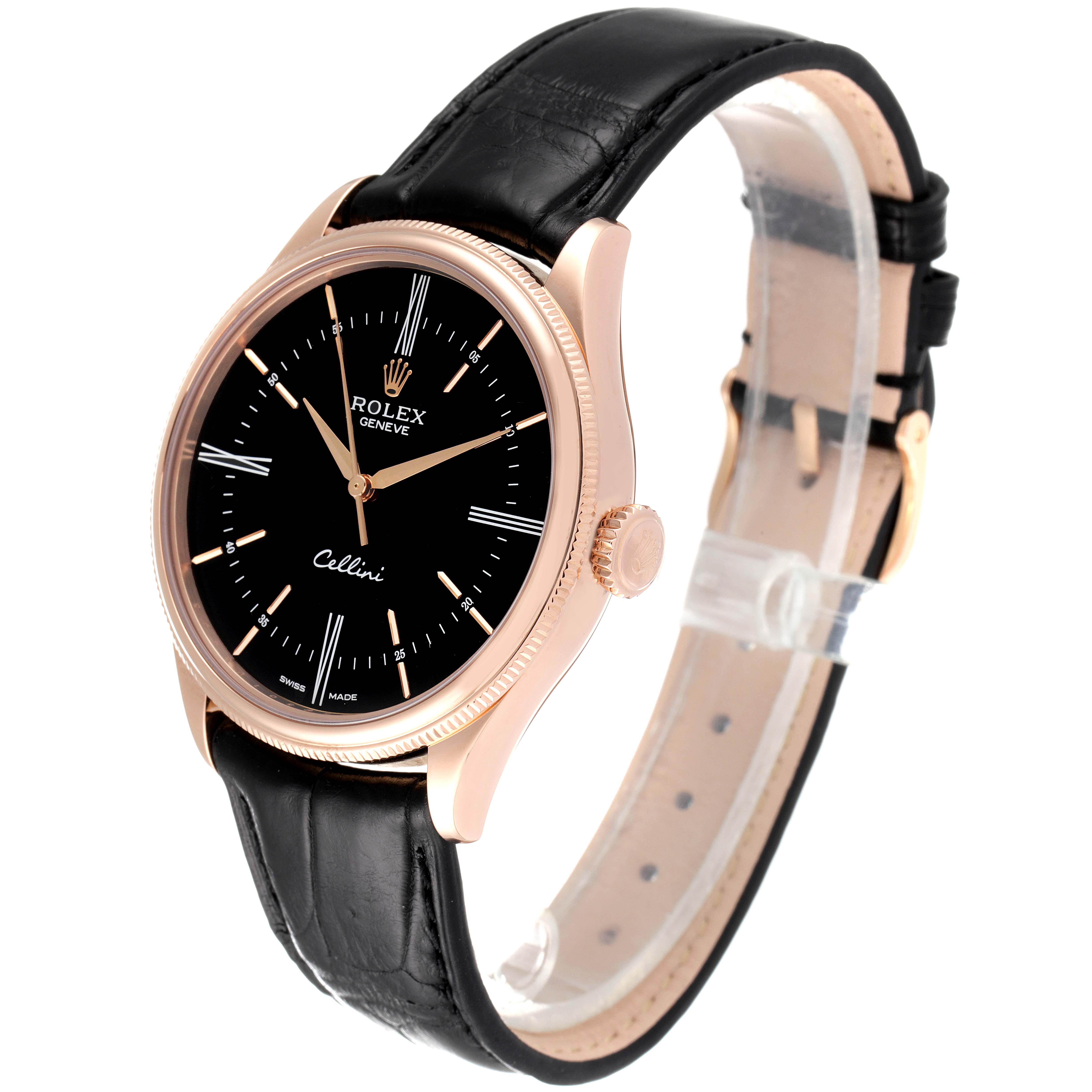 The image shows a side and front view of a Rolex Cellini 50505 Men's Rose Gold Black Dial 50505 Men's Rose Gold Black Dial watch, highlighting its black leather strap, black dial, and gold case.