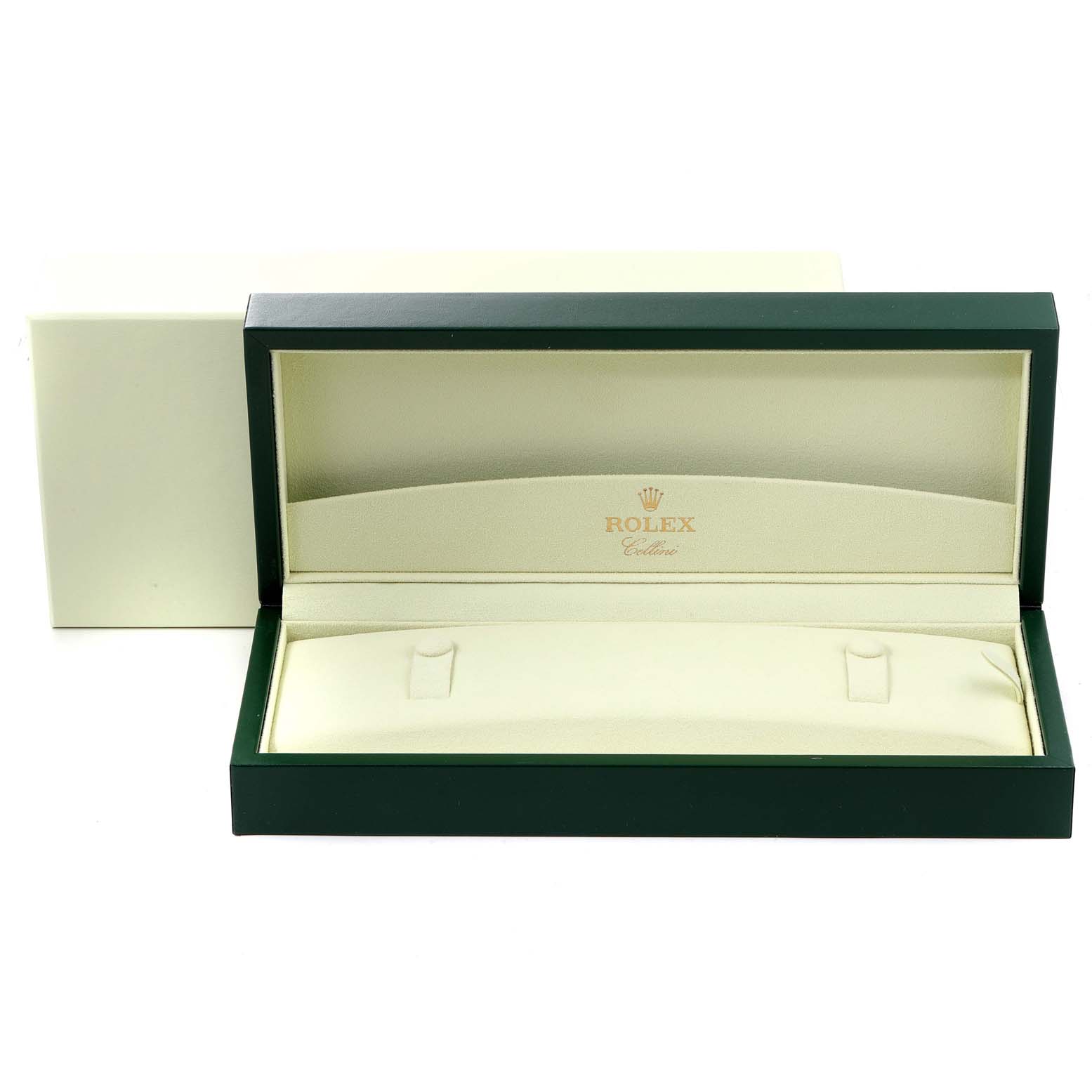 This image shows an open box for the Rolex Cellini 50505 Men's Rose Gold Black Dial 50505 Men's Rose Gold Black Dial watch, displaying its interior without the watch.