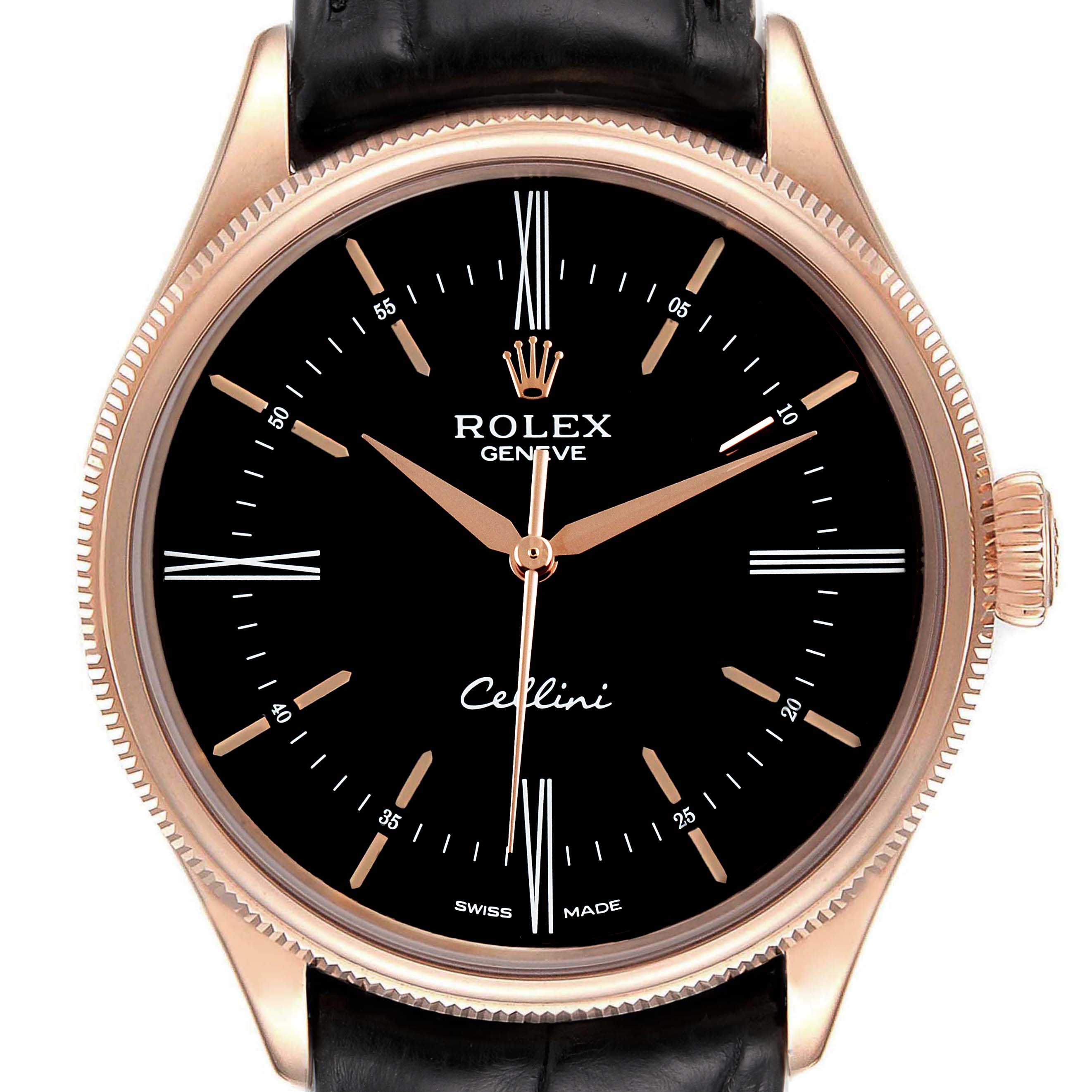 The image shows a close-up of the Rolex Cellini 50505 Men's Rose Gold Black Dial 50505 Men's Rose Gold Black Dial watch face, including its hands, crown, bezel, and part of the leather strap.