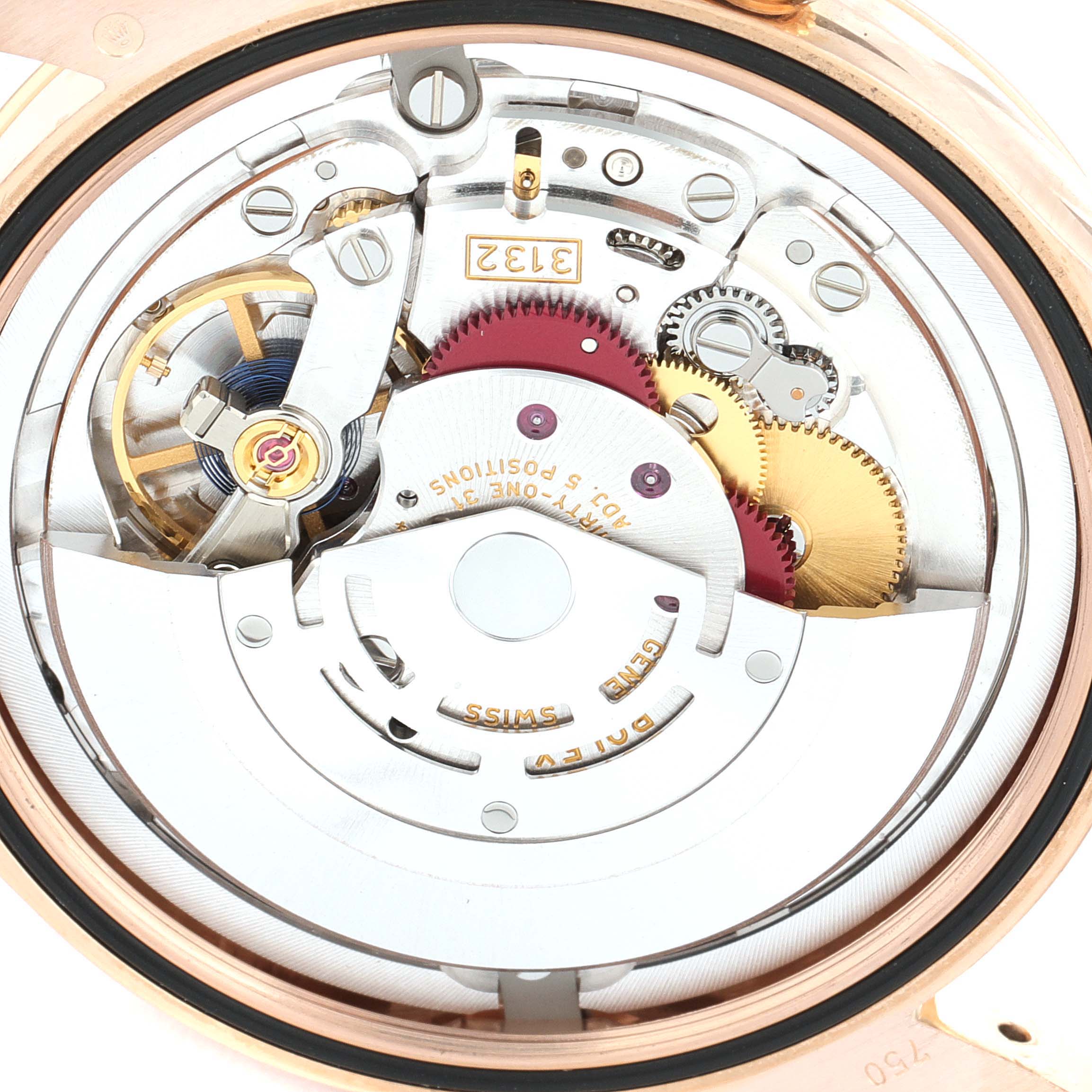 This image shows the intricate mechanism and movement parts of a Rolex Cellini 50505 Men's Rose Gold Black Dial 50505 Men's Rose Gold Black Dial watch from a rear, internal angle.