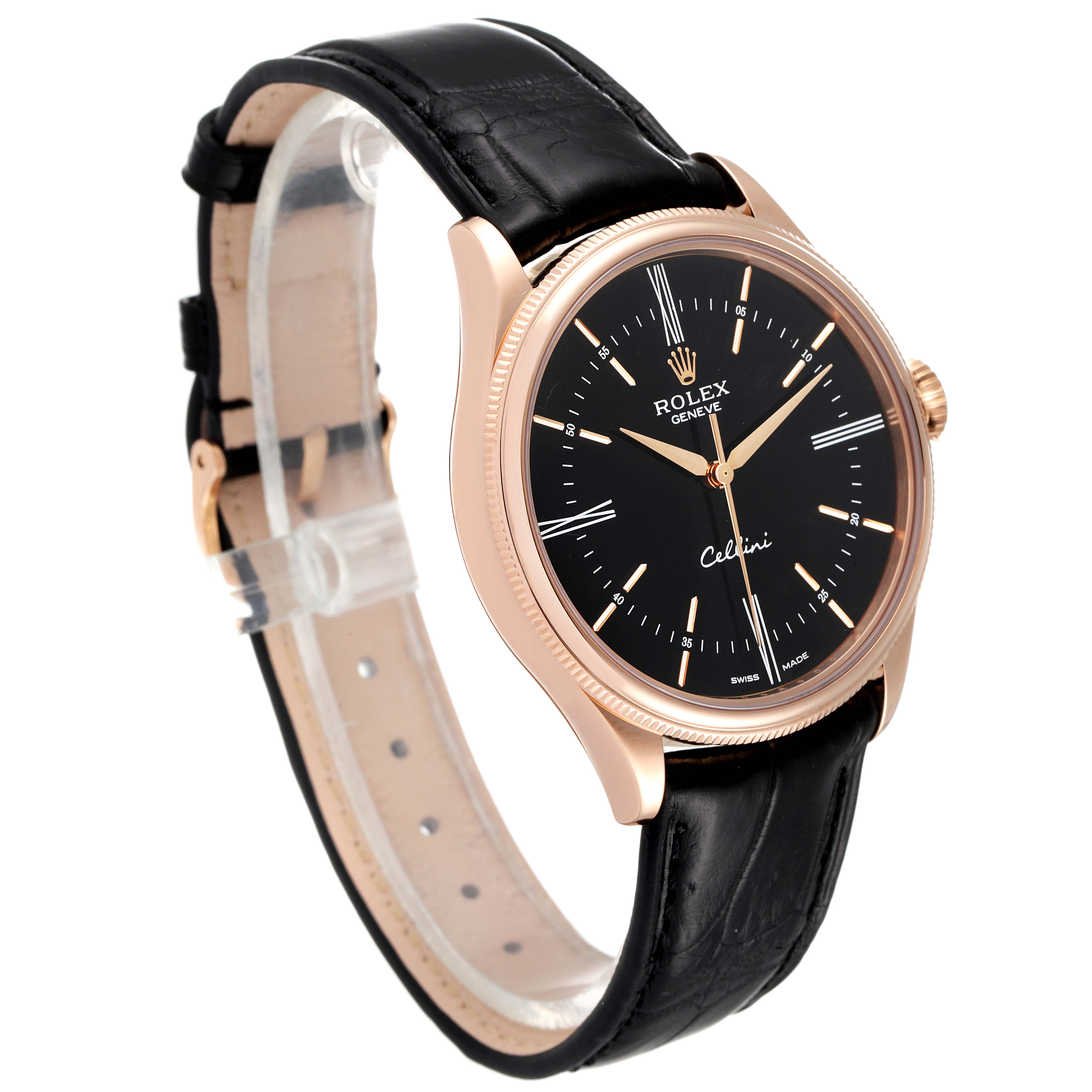 The image shows a Rolex Cellini 50505 Men's Rose Gold Black Dial 50505 Men's Rose Gold Black Dial watch at an angled side view, highlighting its black dial, rose gold case, and black leather strap.