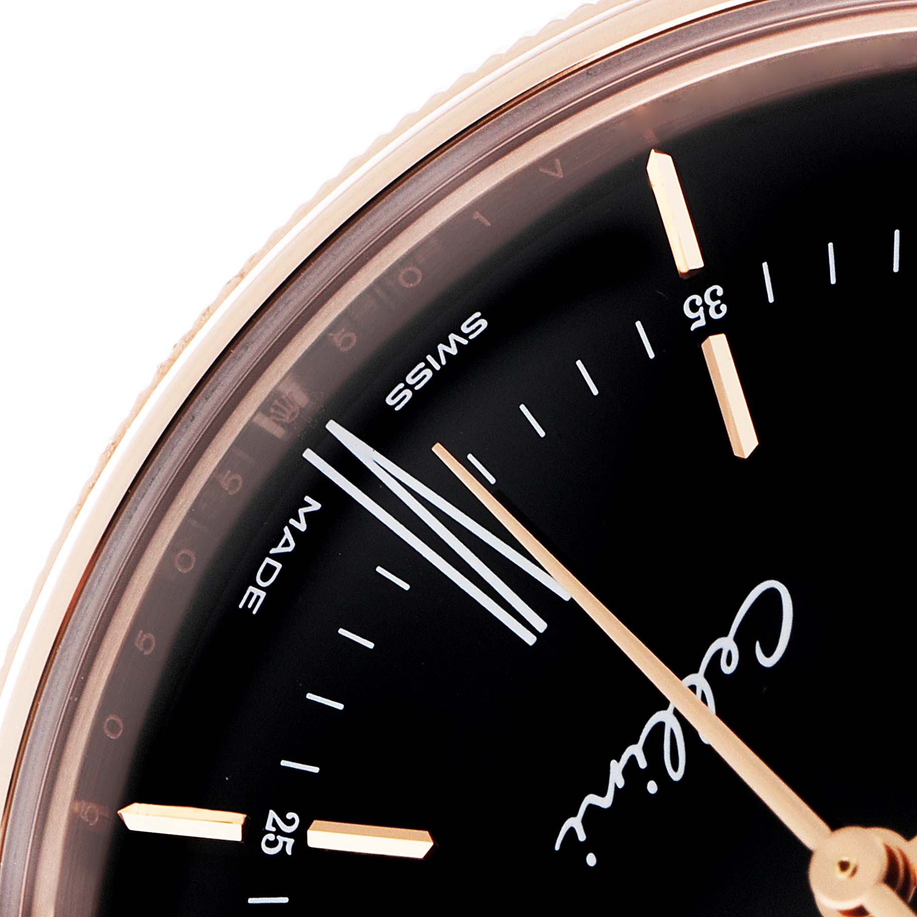 The image shows a close-up of the dial and part of the bezel of a Rolex Cellini 50505 Men's Rose Gold Black Dial 50505 Men's Rose Gold Black Dial watch.