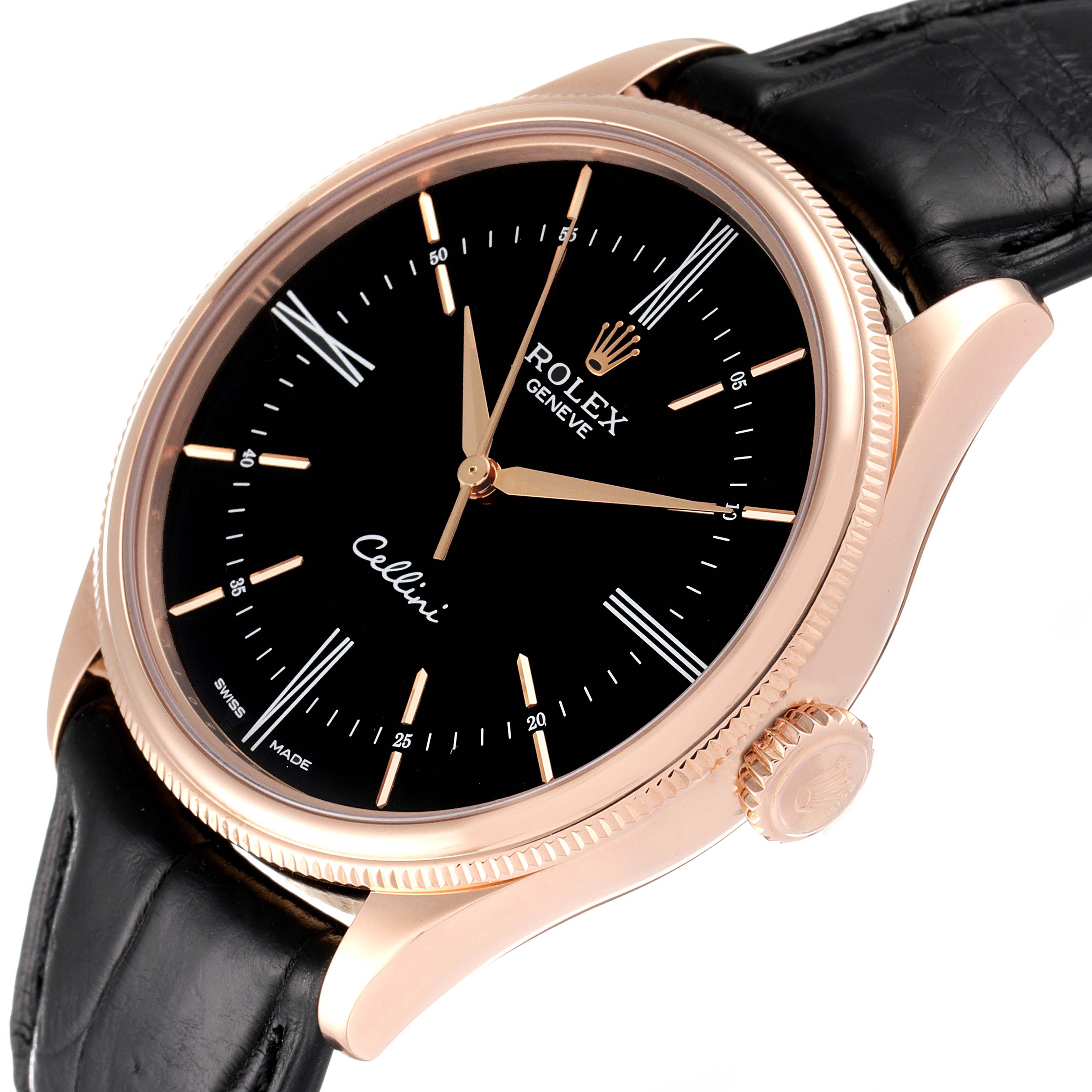 The image shows a close-up view of the Rolex Cellini 50505 Men's Rose Gold Black Dial 50505 Men's Rose Gold Black Dial watch, highlighting the black dial, rose gold case, and crown.
