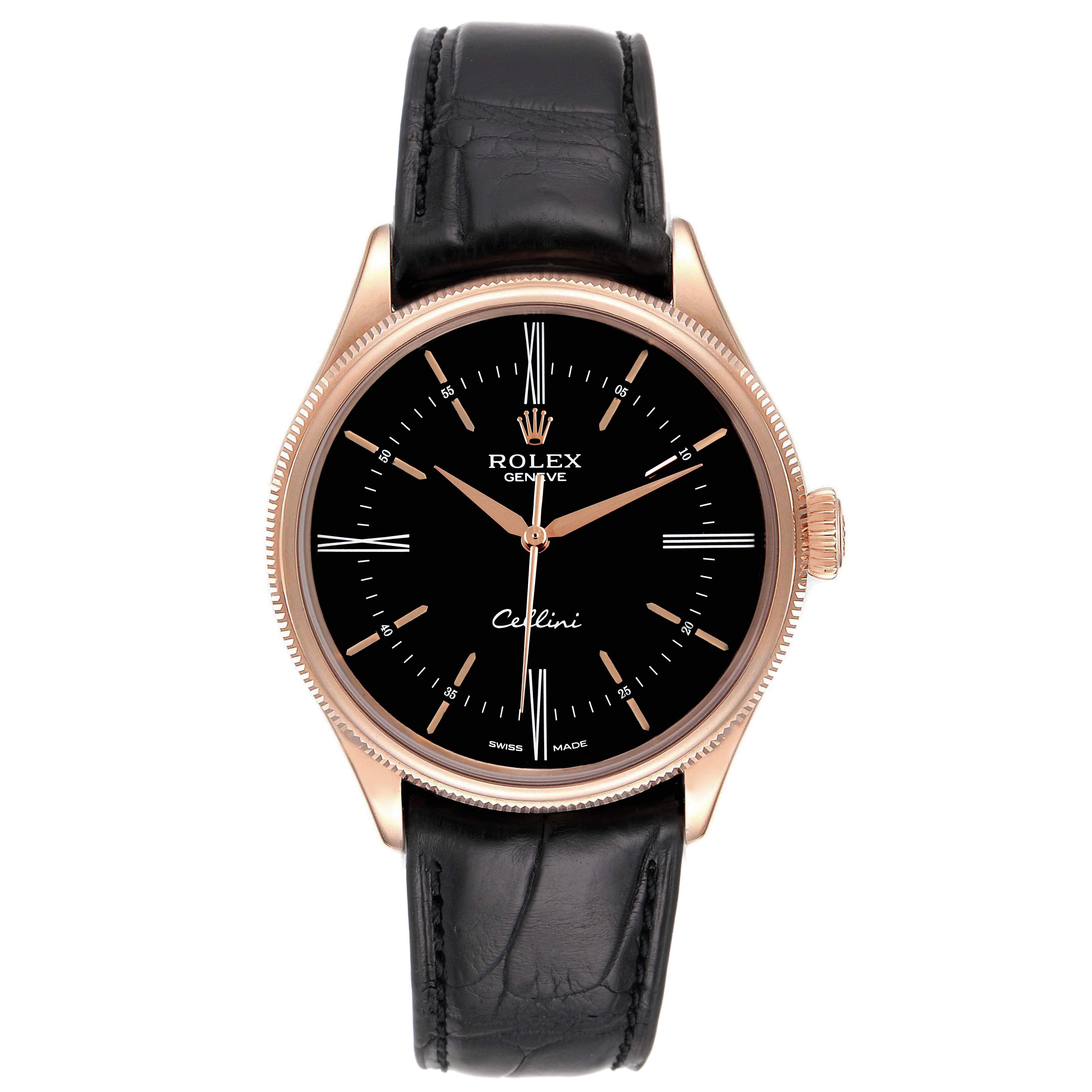 The Rolex Cellini 50505 Men's Rose Gold Black Dial 50505 Men's Rose Gold Black Dial watch is shown from a front angle, displaying the dial, hands, bezel, and leather strap.