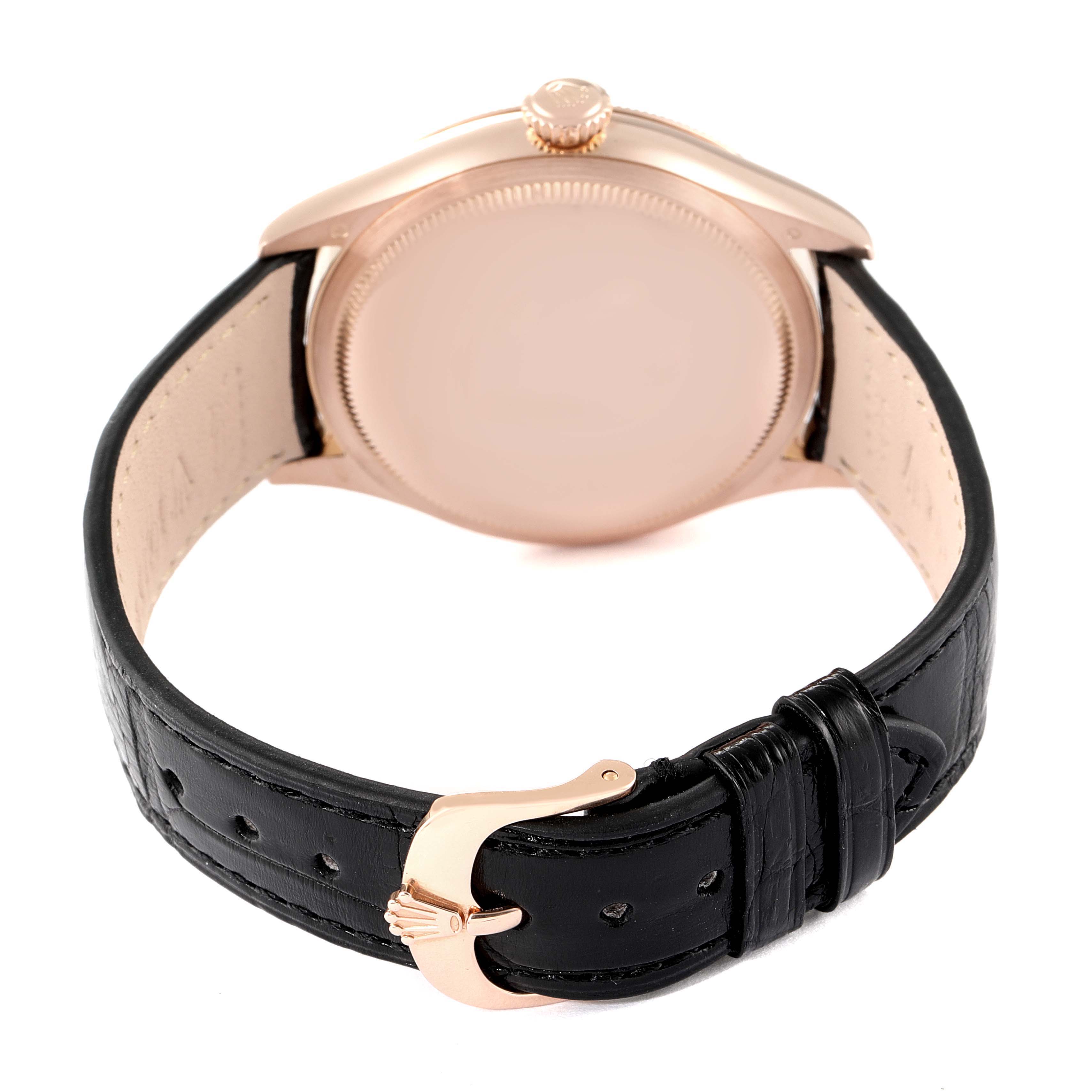 The image shows the back view of a Rolex Cellini 50505 Men's Rose Gold Black Dial 50505 Men's Rose Gold Black Dial watch, focusing on its leather strap and gold clasp.
