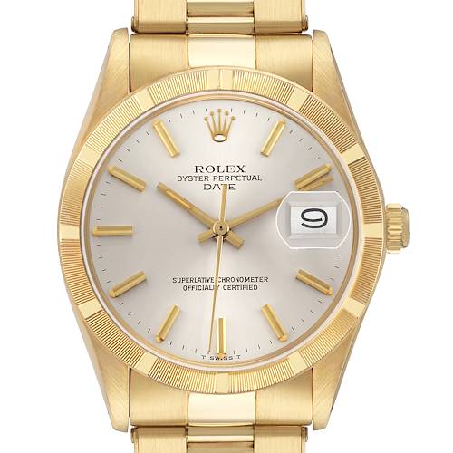 The Rolex Date 1501 Men's Yellow Gold Silver Dial watch is shown from the front, displaying its gold dial, hands, date window, and part of the bracelet.