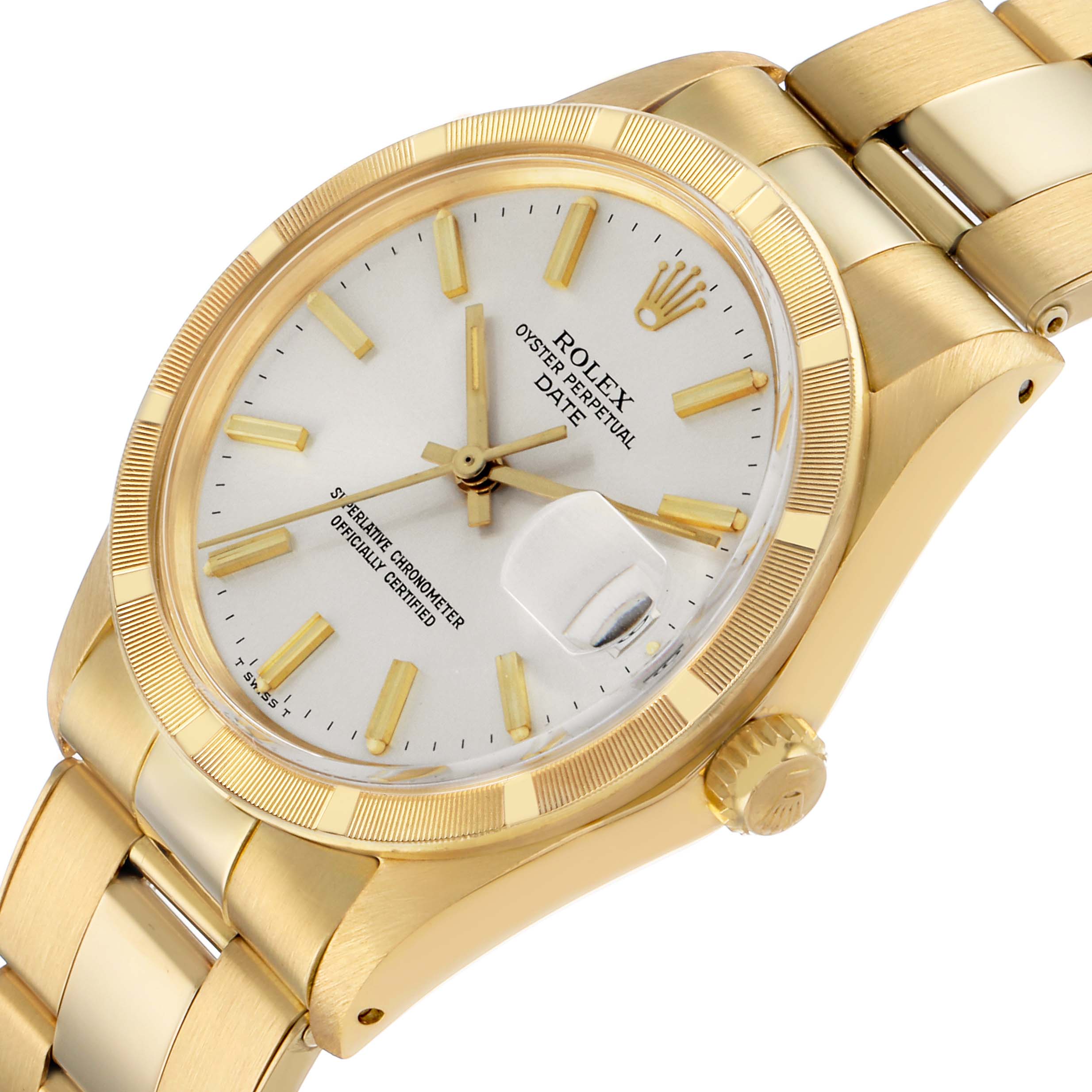 The image shows a Rolex Date 1501 Men's Yellow Gold Silver Dial model watch at a tilted angle, highlighting the dial, case, crown, and part of the bracelet.