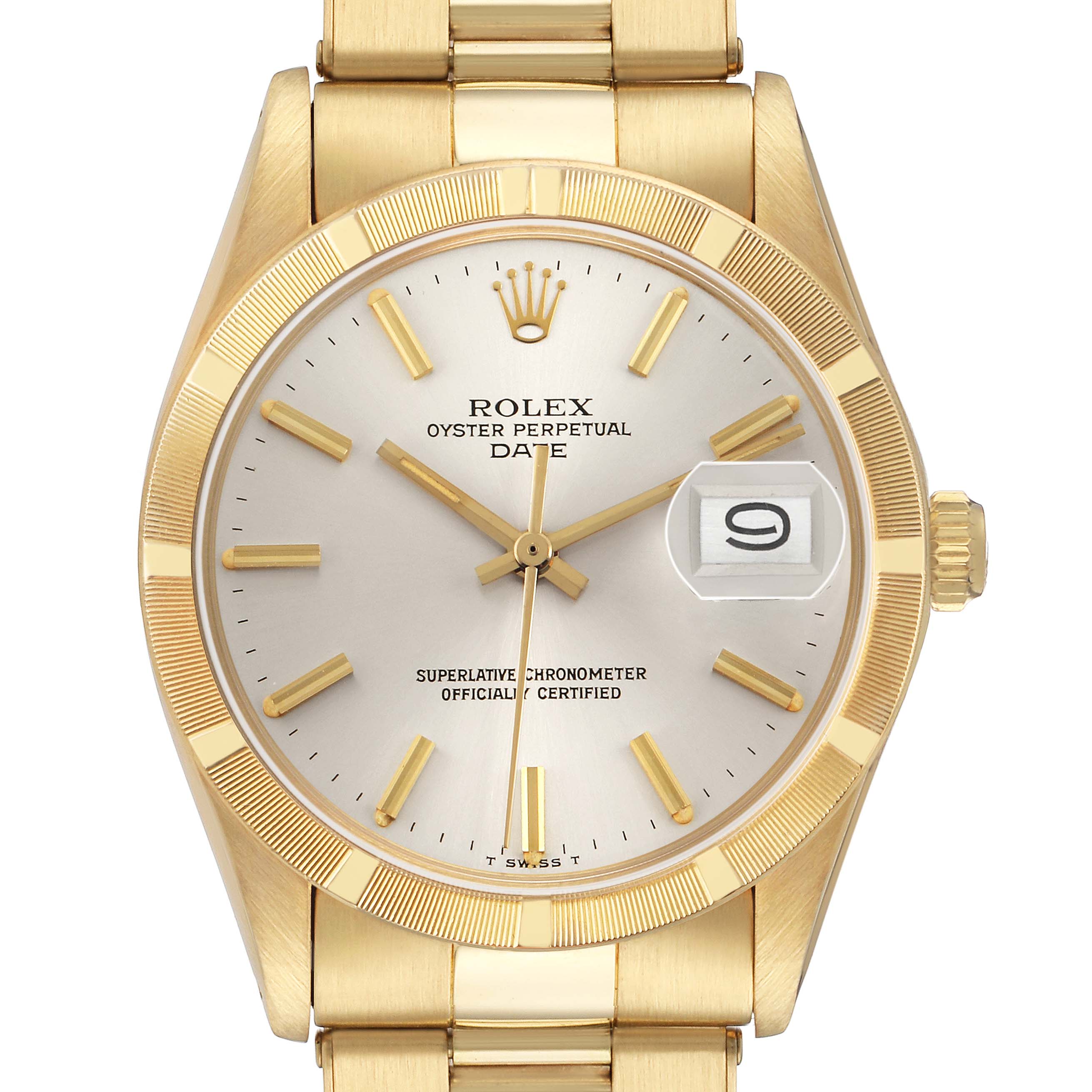 The image shows a frontal view of a Rolex Date 1501 Men's Yellow Gold Silver Dial model, highlighting the dial, bezel, hands, hour markers, and bracelet.