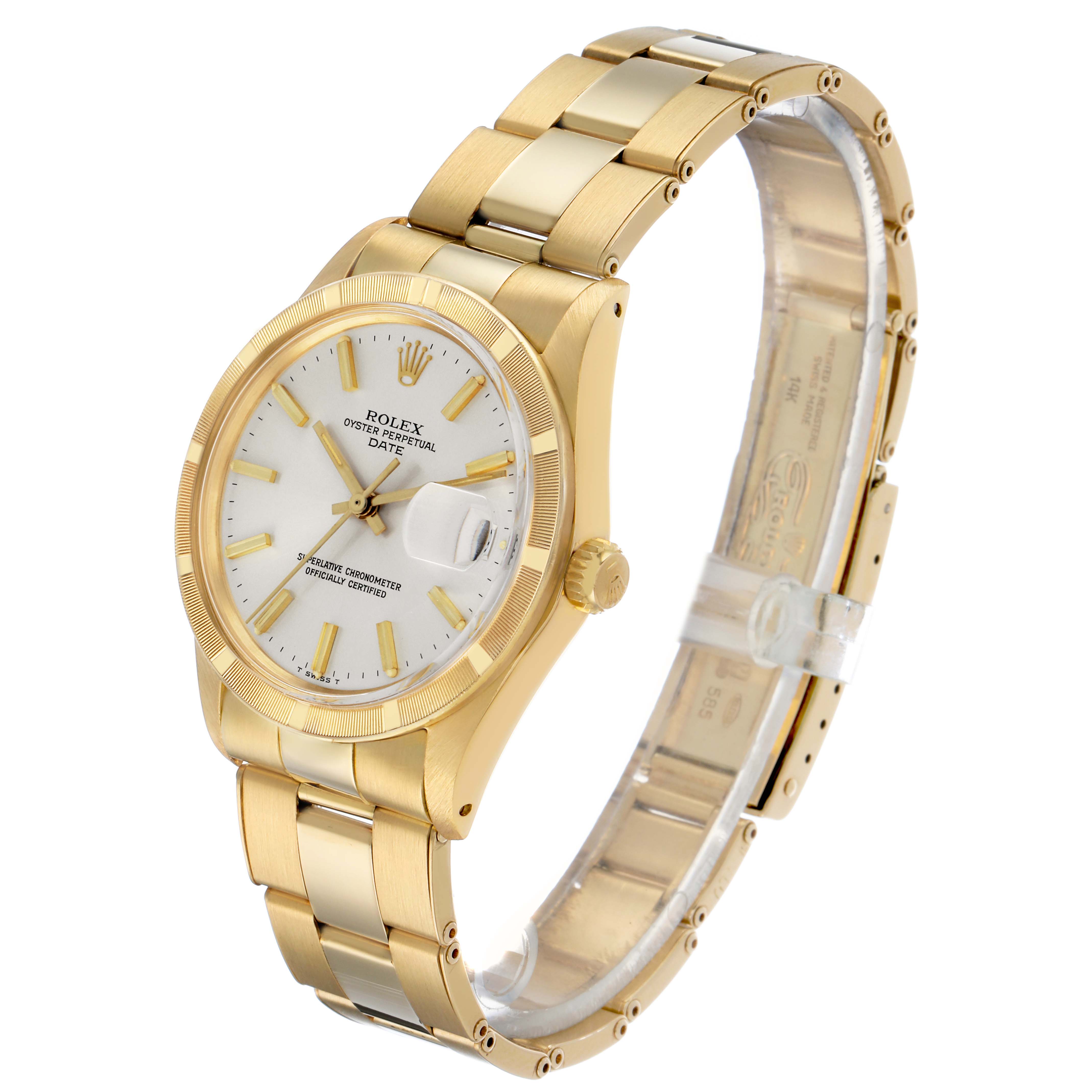 The Rolex Date 1501 Men's Yellow Gold Silver Dial watch is shown at an angle highlighting the dial, bezel, crown, and part of the bracelet.