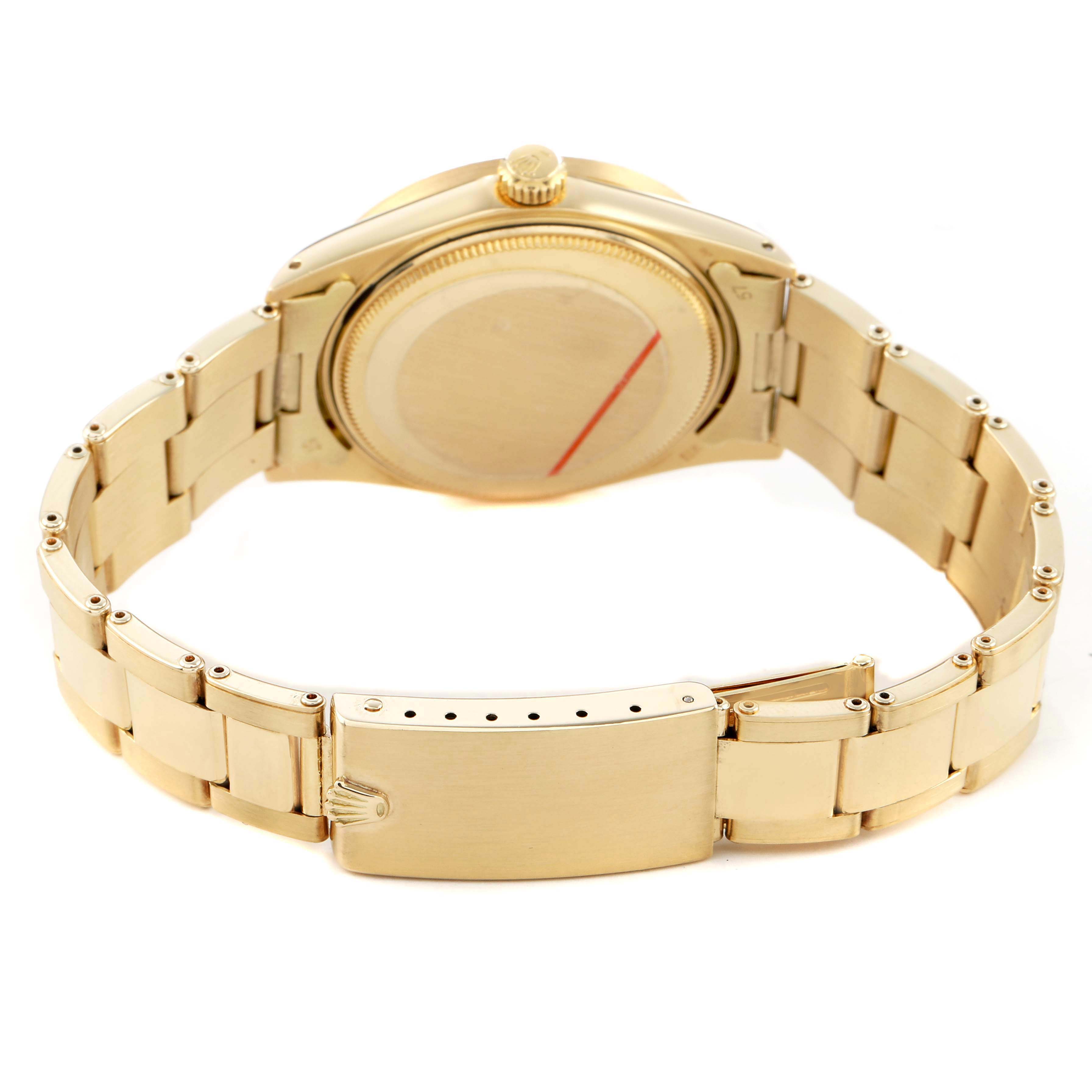 The image shows the back view of a Rolex Date 1501 Men's Yellow Gold Silver Dial watch, highlighting the bracelet, clasp, and case back.