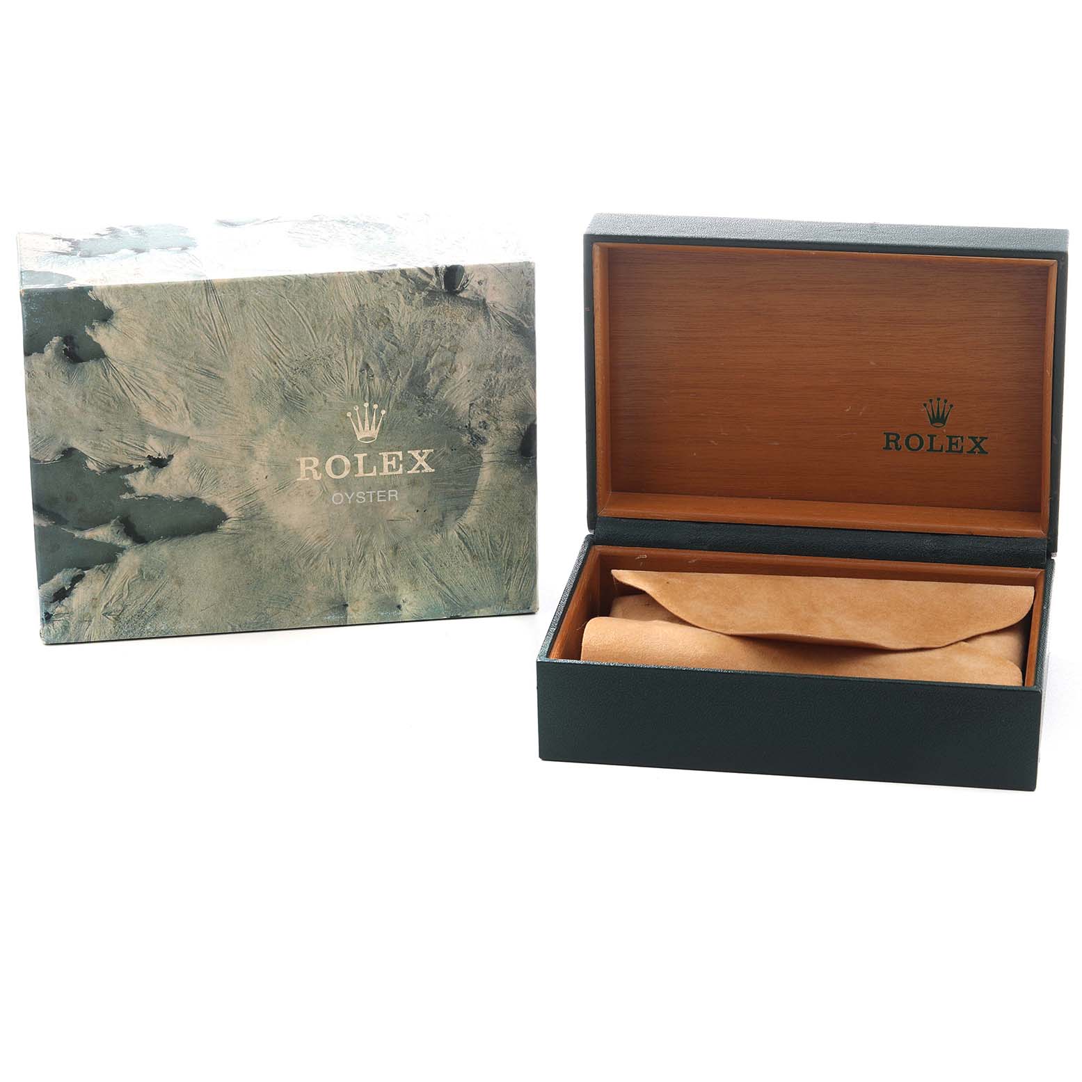 The image shows a Rolex Date 1501 Men's Yellow Gold Silver Dial model watch box and packaging at a high angle, displaying the outer box and open interior with a pouch.