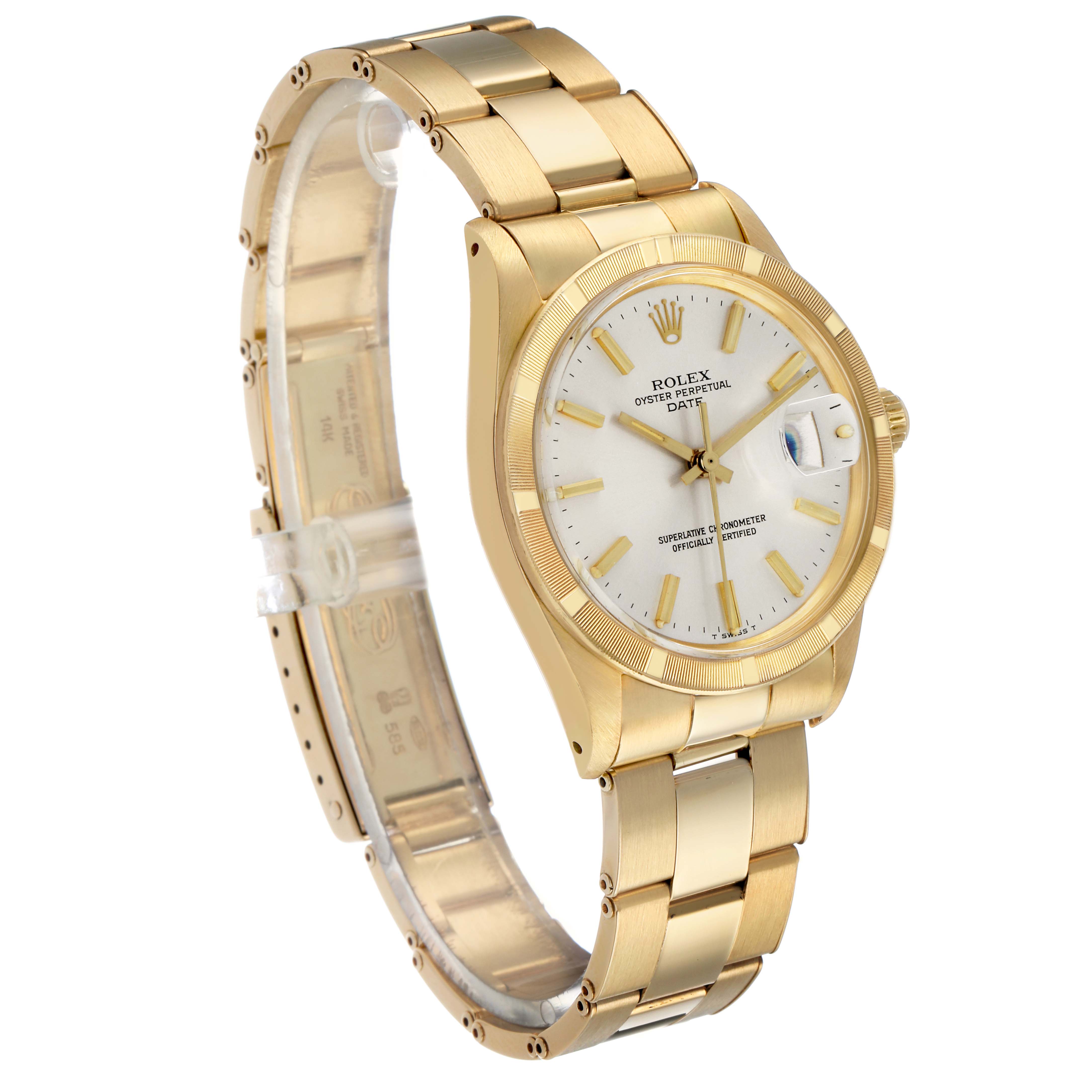 The Rolex Date 1501 Men's Yellow Gold Silver Dial model is shown at a three-quarter angle, highlighting the gold case, bracelet, and white dial with a magnified date.
