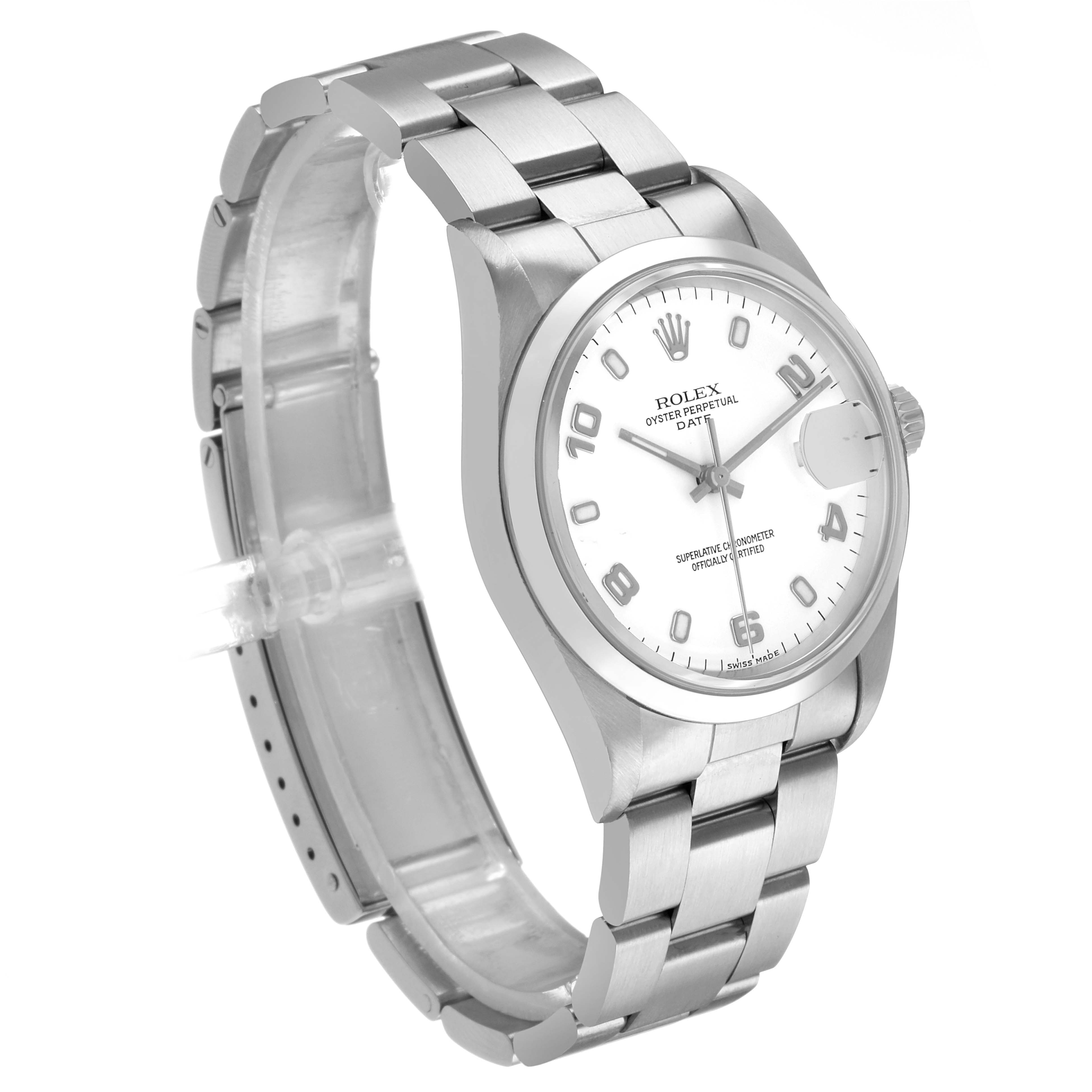 The Rolex Date 15200 Men's Stainless Steel White Dial watch is shown at a front angled view, highlighting the dial, bezel, and bracelet.