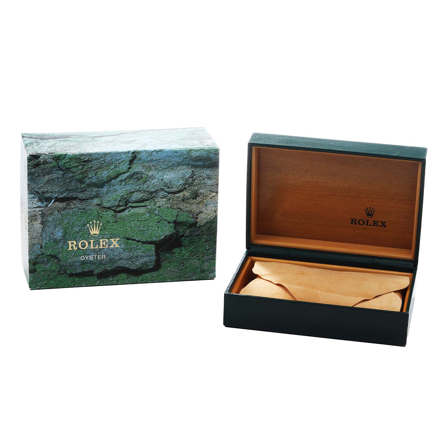 The image shows the packaging for a Rolex Date 15200 Men's Stainless Steel White Dial model, including a closed outer box and an open inner box with a cushion.