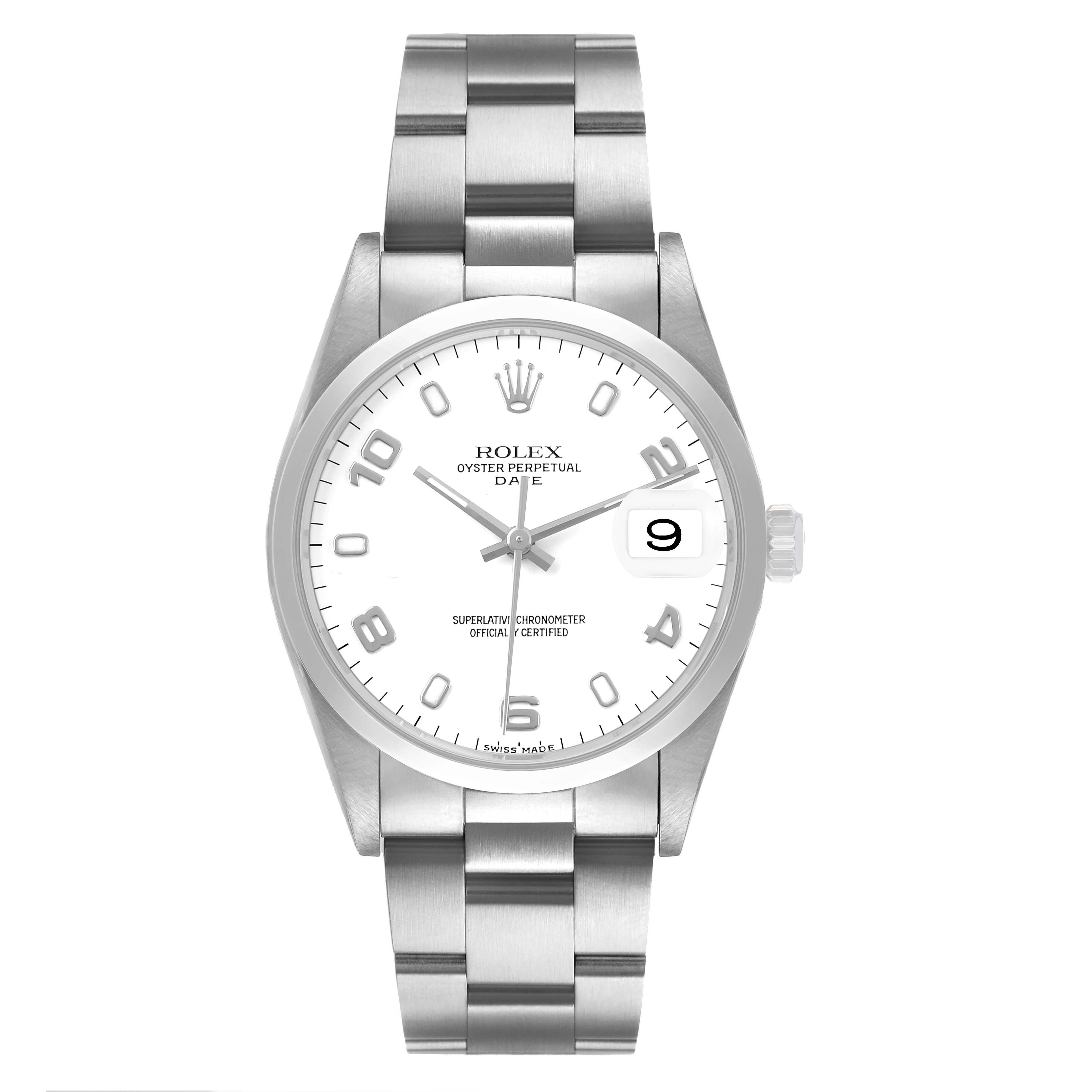 The Rolex Date 15200 Men's Stainless Steel White Dial model is shown from a front angle, displaying its dial, bracelet, bezel, and crown.