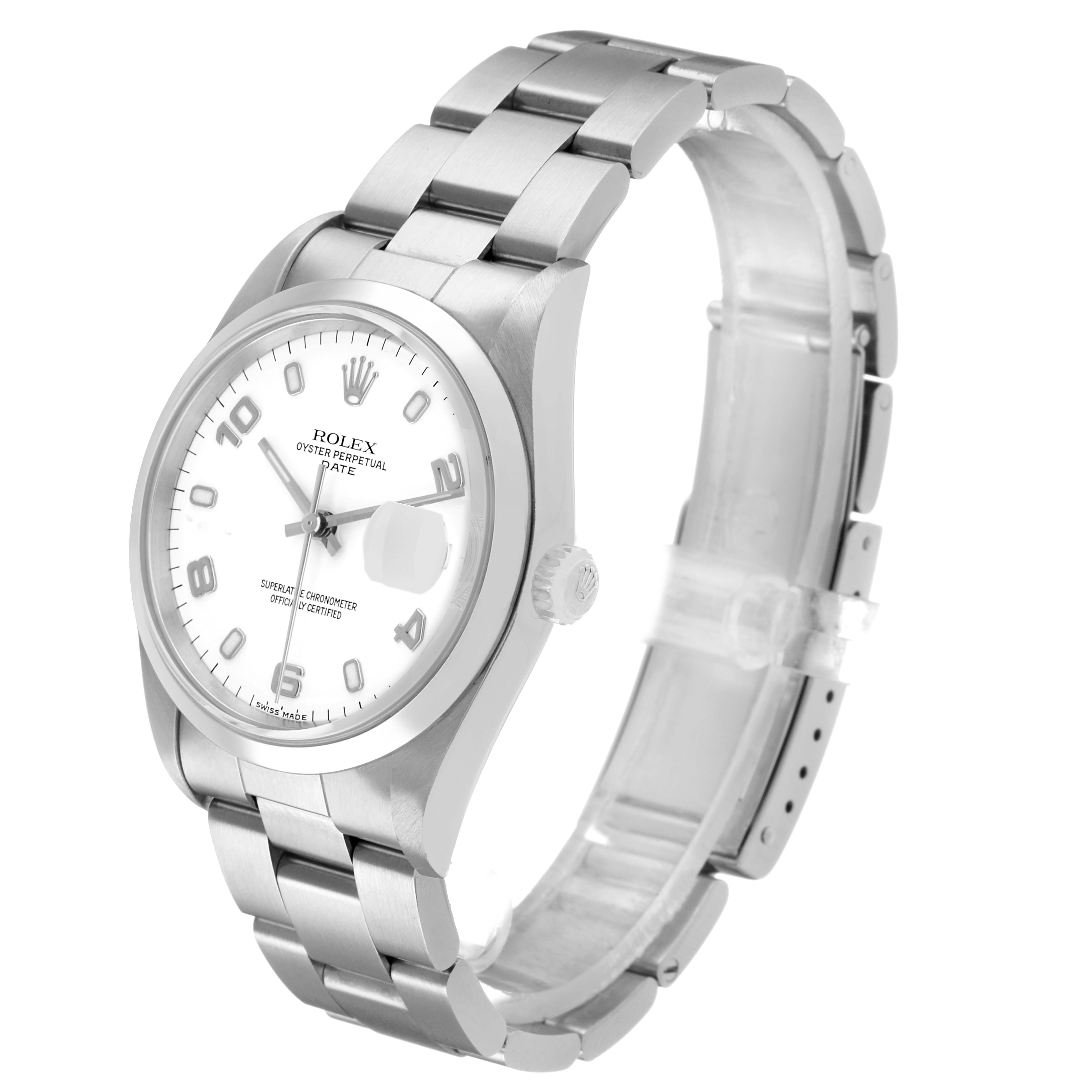 The Rolex Date 15200 Men's Stainless Steel White Dial watch is shown at a three-quarter angle, displaying the face, bezel, crown, and bracelet.