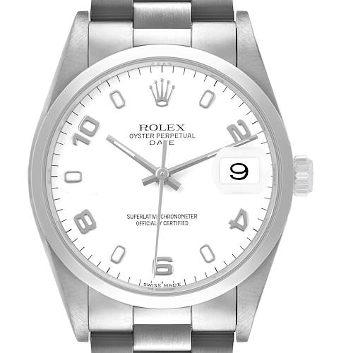 The Rolex Date 15200 Men's Stainless Steel White Dial model is shown in a direct front view, displaying its dial, hands, bezel, and bracelet.