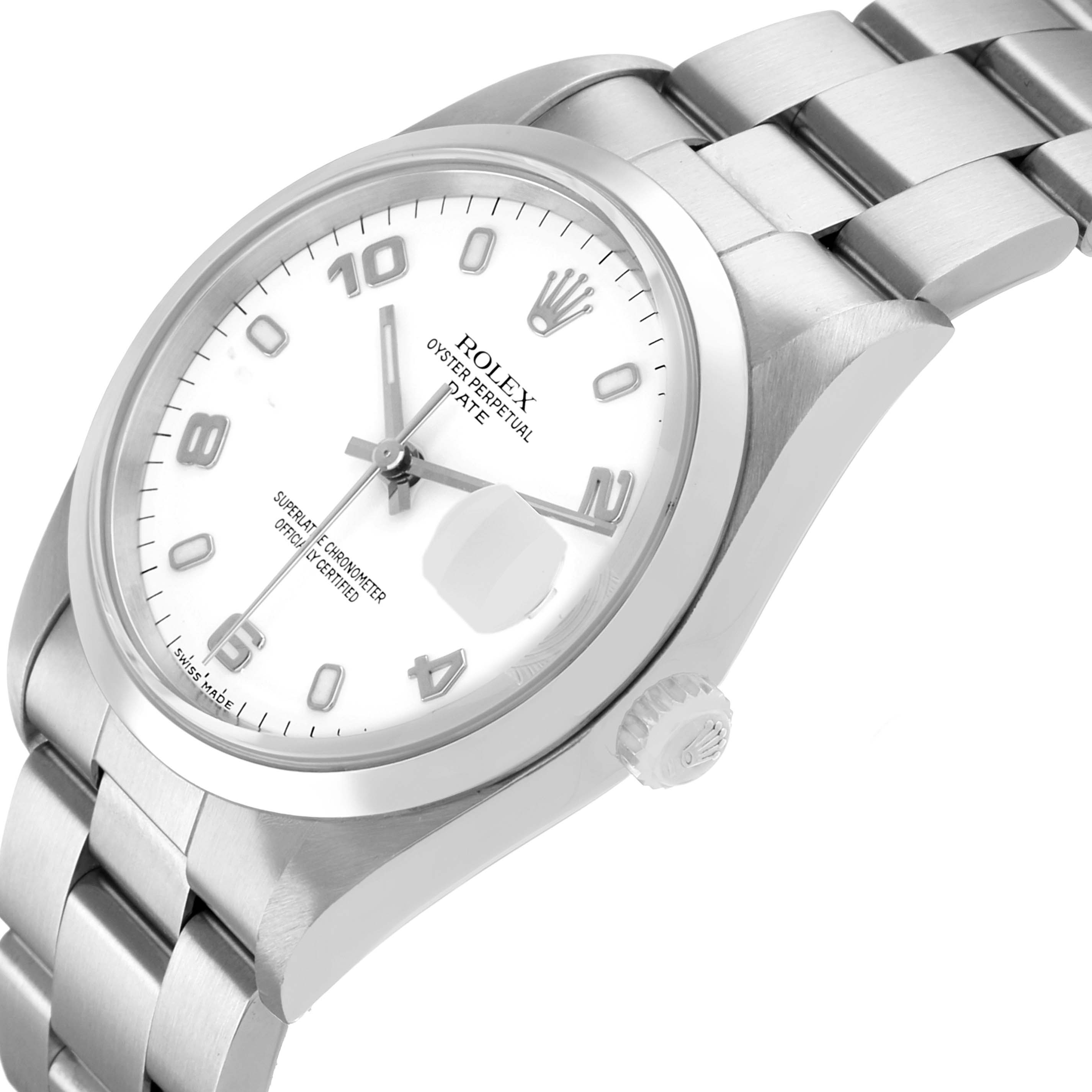 The Rolex Date 15200 Men's Stainless Steel White Dial watch is shown at an angled side view, featuring the dial, crown, and bracelet links.