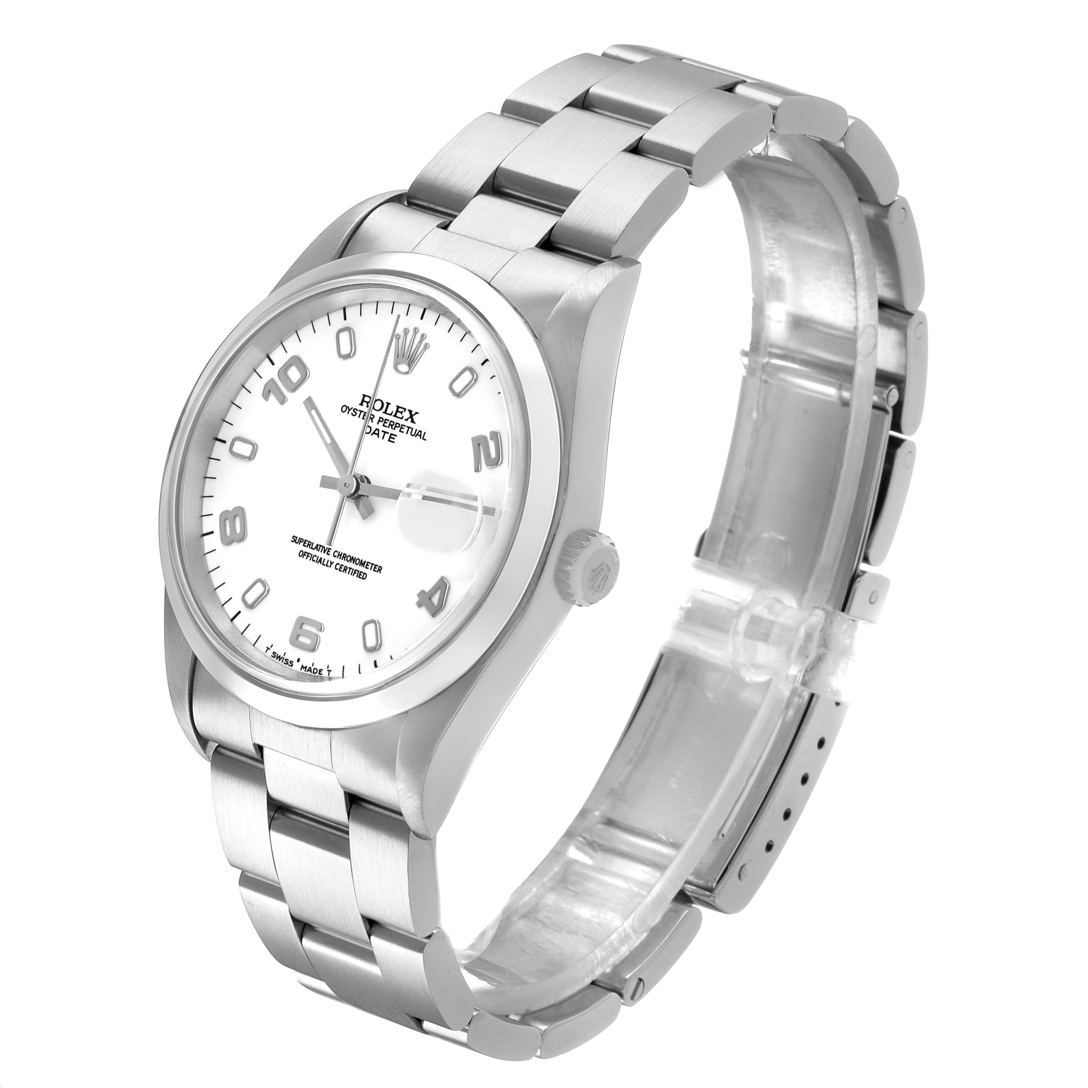 The Rolex Date 15200 Men's Stainless Steel White Dial watch is shown from a three-quarter angle displaying the face, bezel, crown, and bracelet.