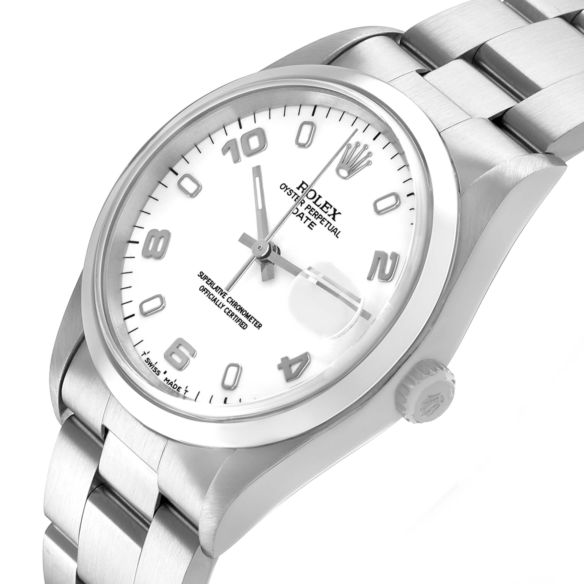 The Rolex Date 15200 Men's Stainless Steel White Dial watch is shown from a top-side angle, highlighting the dial, bezel, and bracelet.