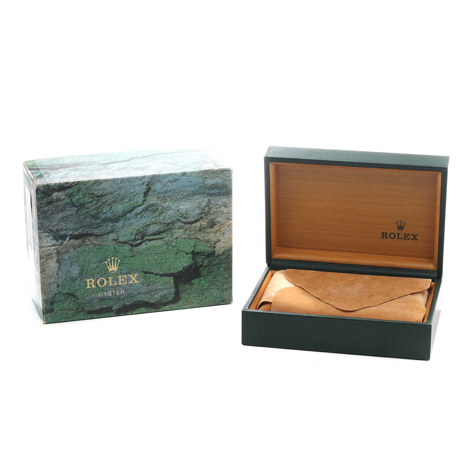 The image shows a Rolex Date 15200 Men's Stainless Steel White Dial watch's packaging, including a closed outer box and an open inner box with a suede pouch.