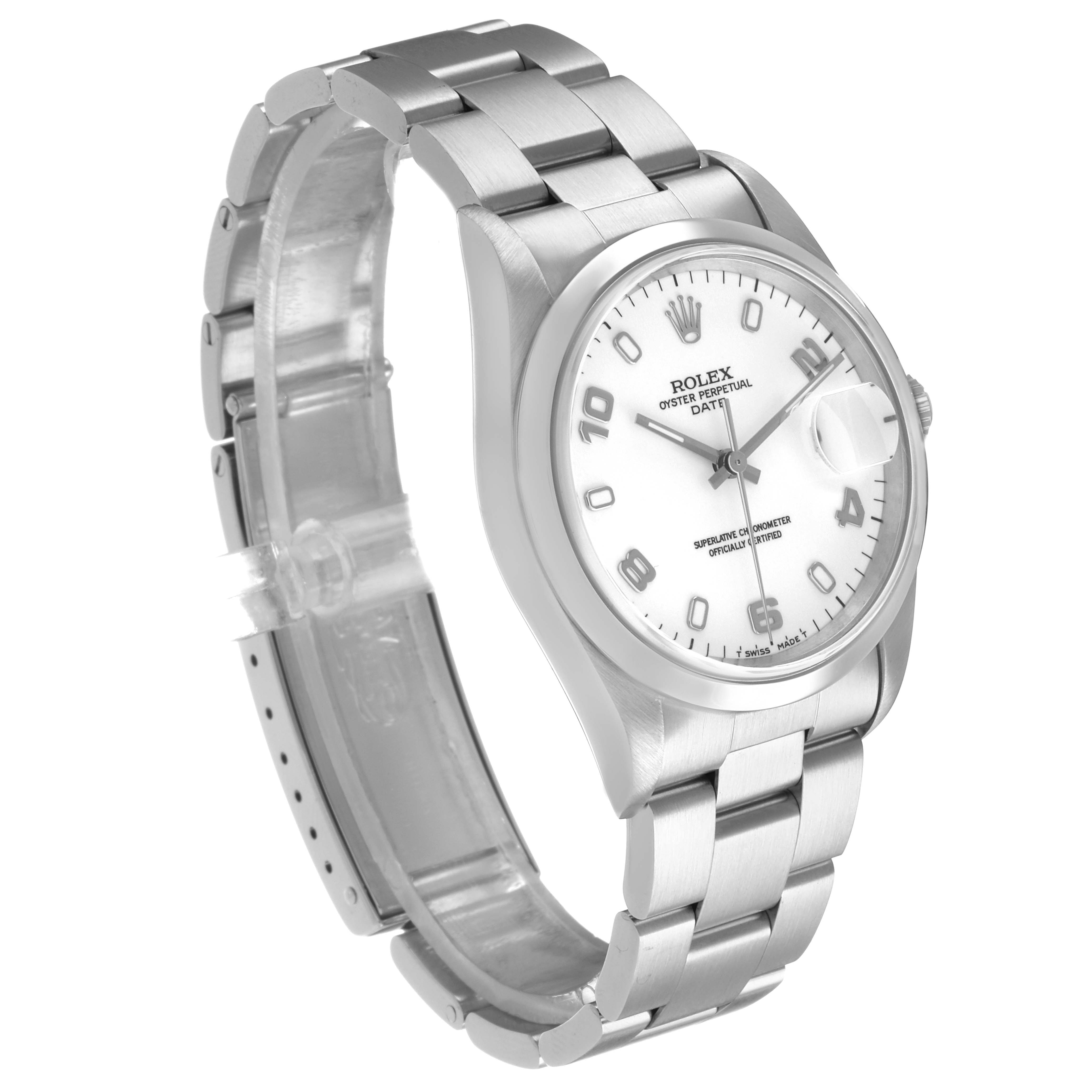 The Rolex Date 15200 Men's Stainless Steel White Dial watch is shown at a three-quarter angle, displaying the face, bezel, cyclops lens, and bracelet.