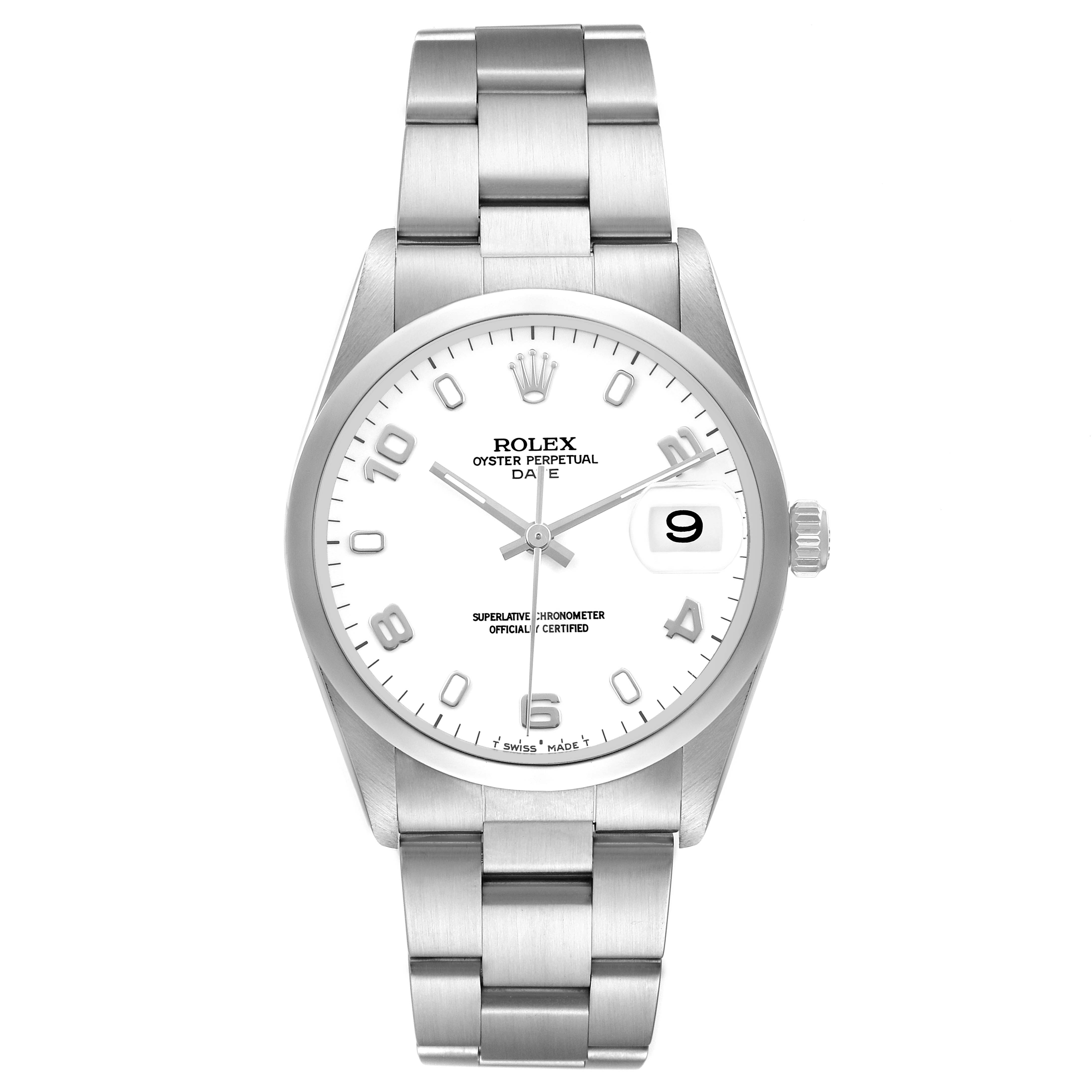 The Rolex Date 15200 Men's Stainless Steel White Dial watch is shown from the front, displaying its dial, bezel, hands, bracelet, and date window.