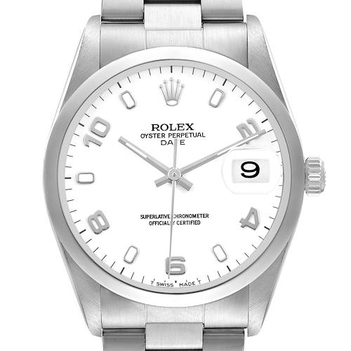 The Rolex Date 15200 Men's Stainless Steel White Dial model is shown from a straight-on angle, highlighting the dial, bezel, crown, and bracelet.