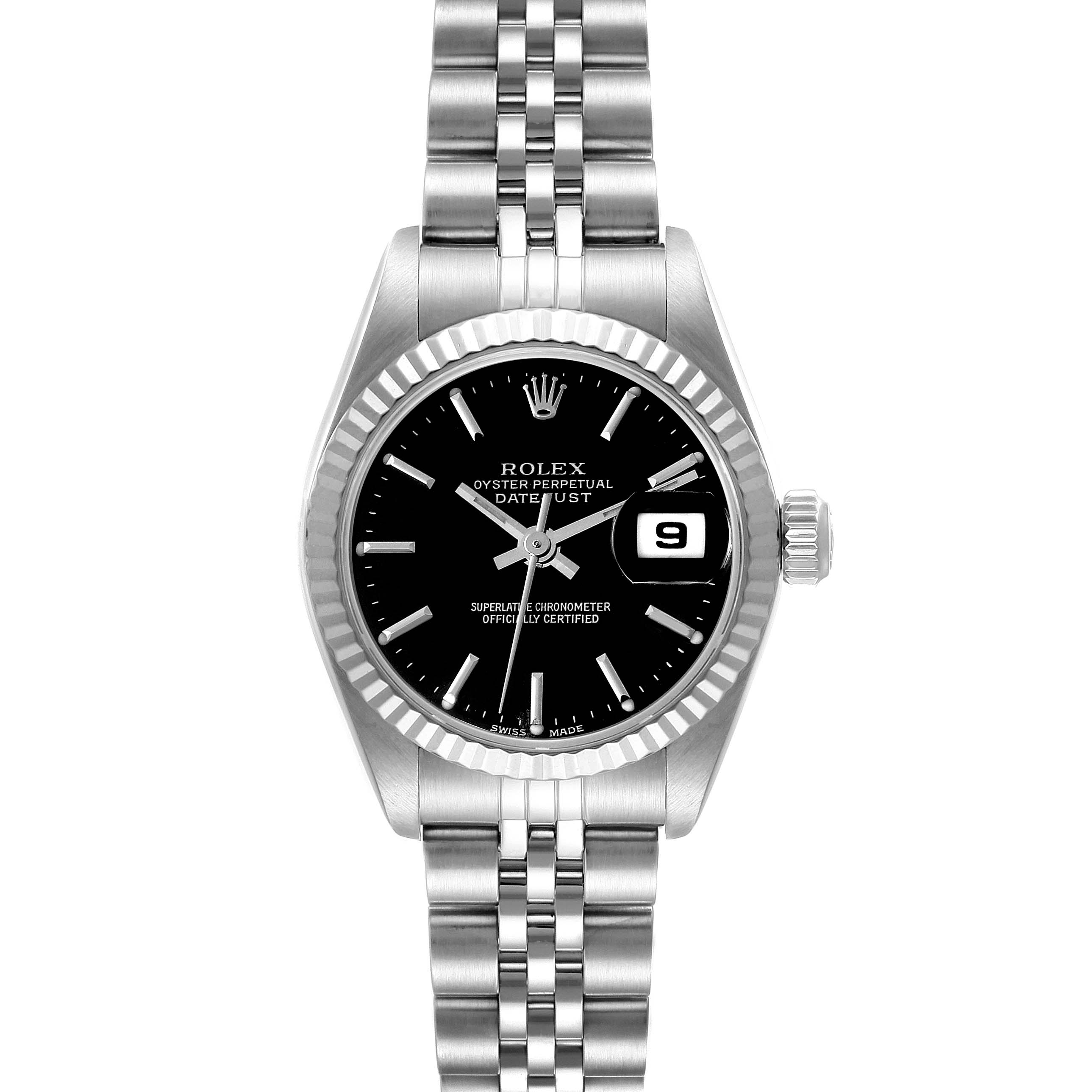 This image shows a front view of the Rolex Datejust 79174 Women's Stainless Steel Black Dial 79174 Women's Stainless Steel Black Dial watch, displaying the dial, bezel, and bracelet.