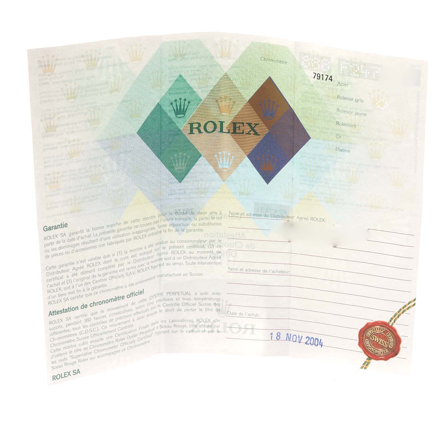 The image shows a Rolex Datejust 79174 Women's Stainless Steel Black Dial 79174 Women's Stainless Steel Black Dial model warranty card and certificate from November 2004.