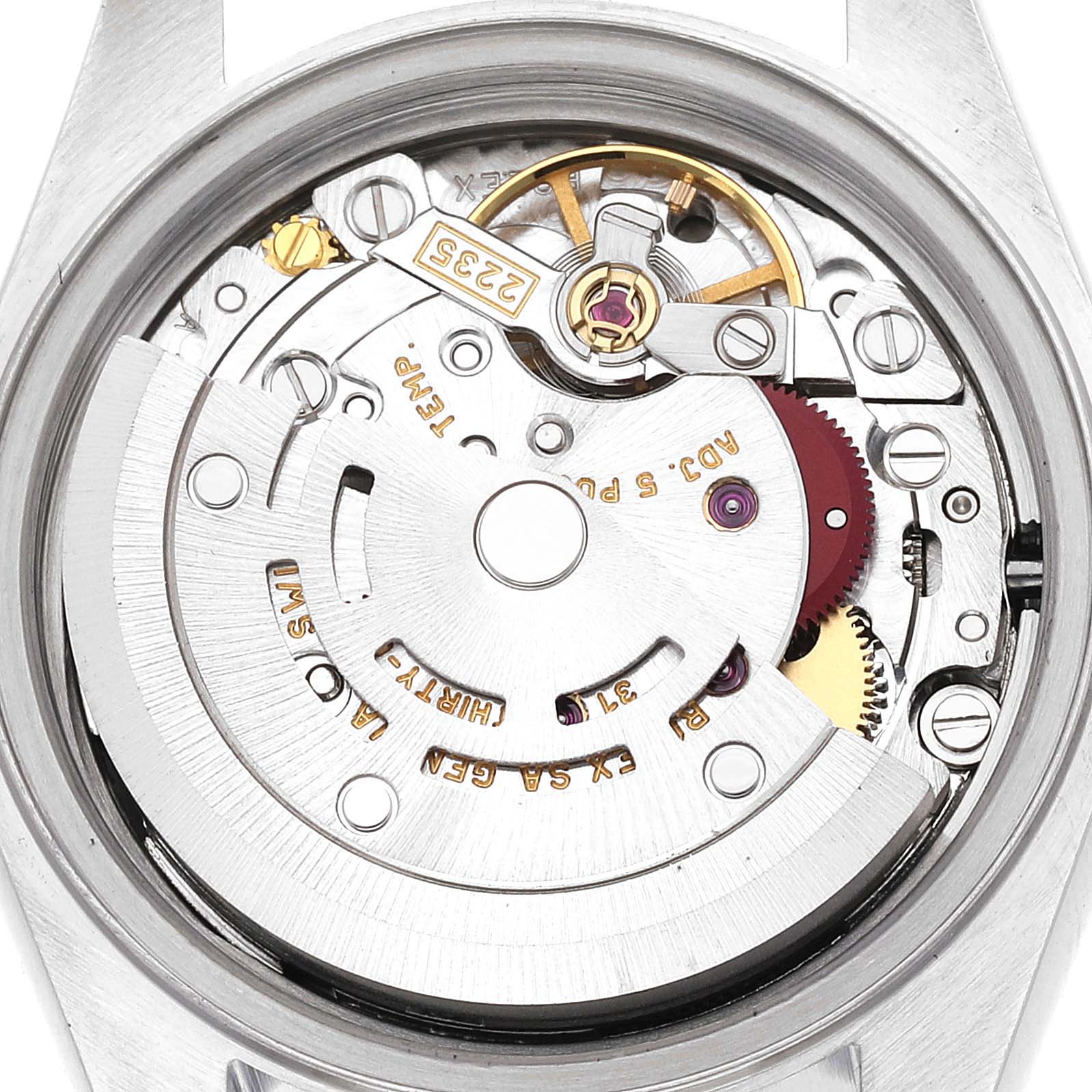 This image shows the detailed view of the movement mechanism inside a Rolex Datejust 79174 Women's Stainless Steel Black Dial 79174 Women's Stainless Steel Black Dial watch from the back angle.