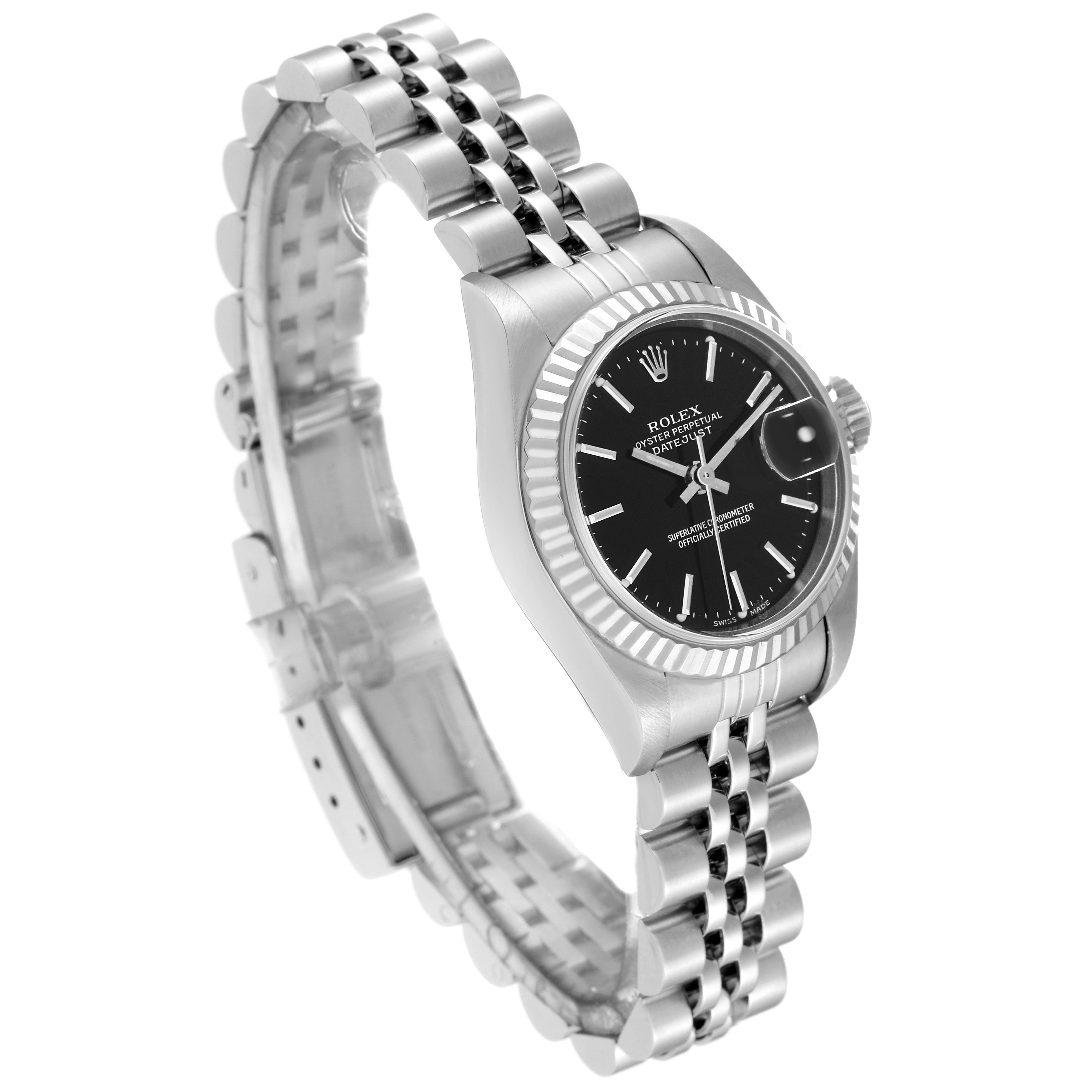 This image shows a Rolex Datejust 79174 Women's Stainless Steel Black Dial 79174 Women's Stainless Steel Black Dial watch from a slightly angled, side view, highlighting the face, bezel, and bracelet.