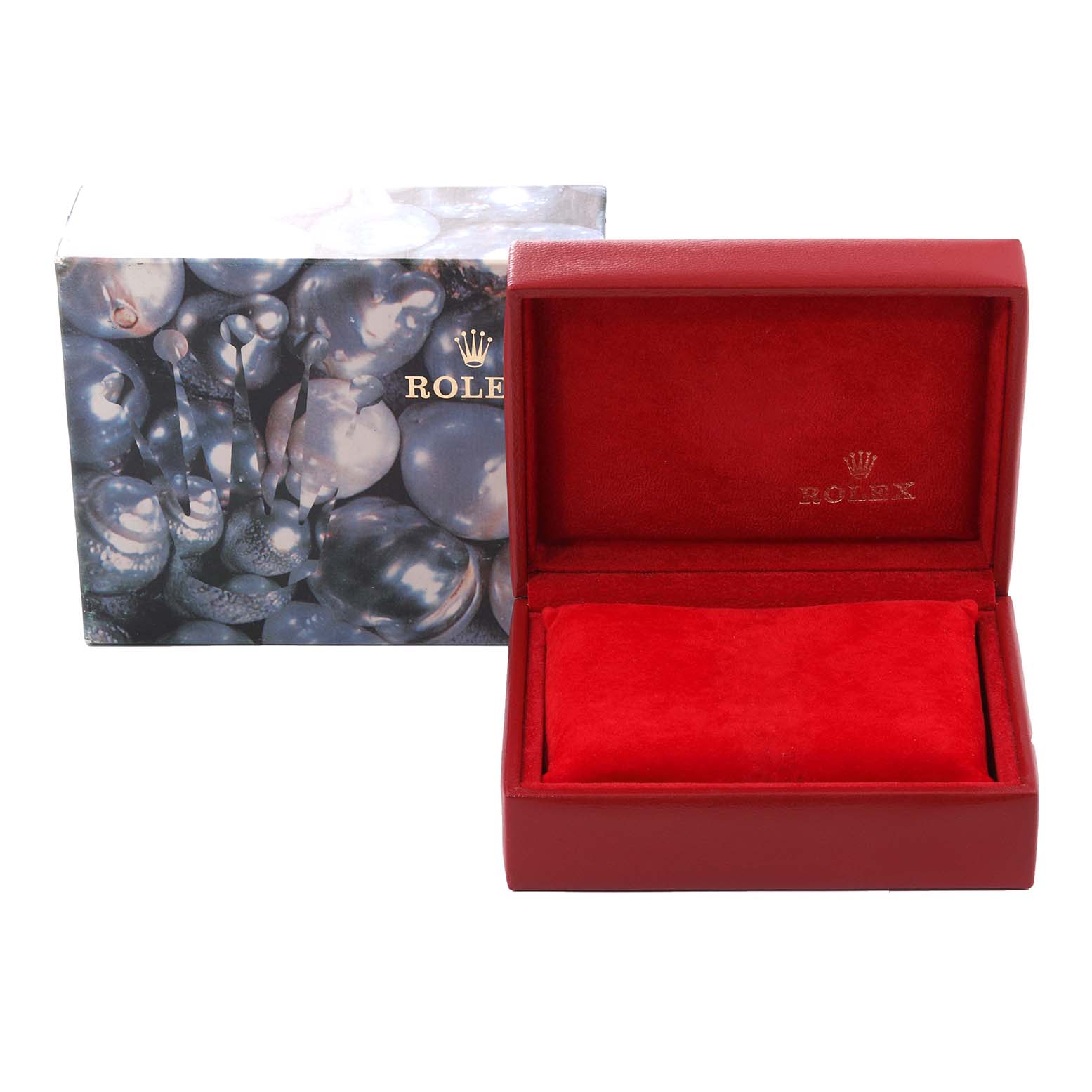 The image shows a Rolex Datejust 79174 Women's Stainless Steel Silver Dial 79174 Women's Stainless Steel Silver Dial watch box with a red interior and an outer box featuring a metallic bubble design.