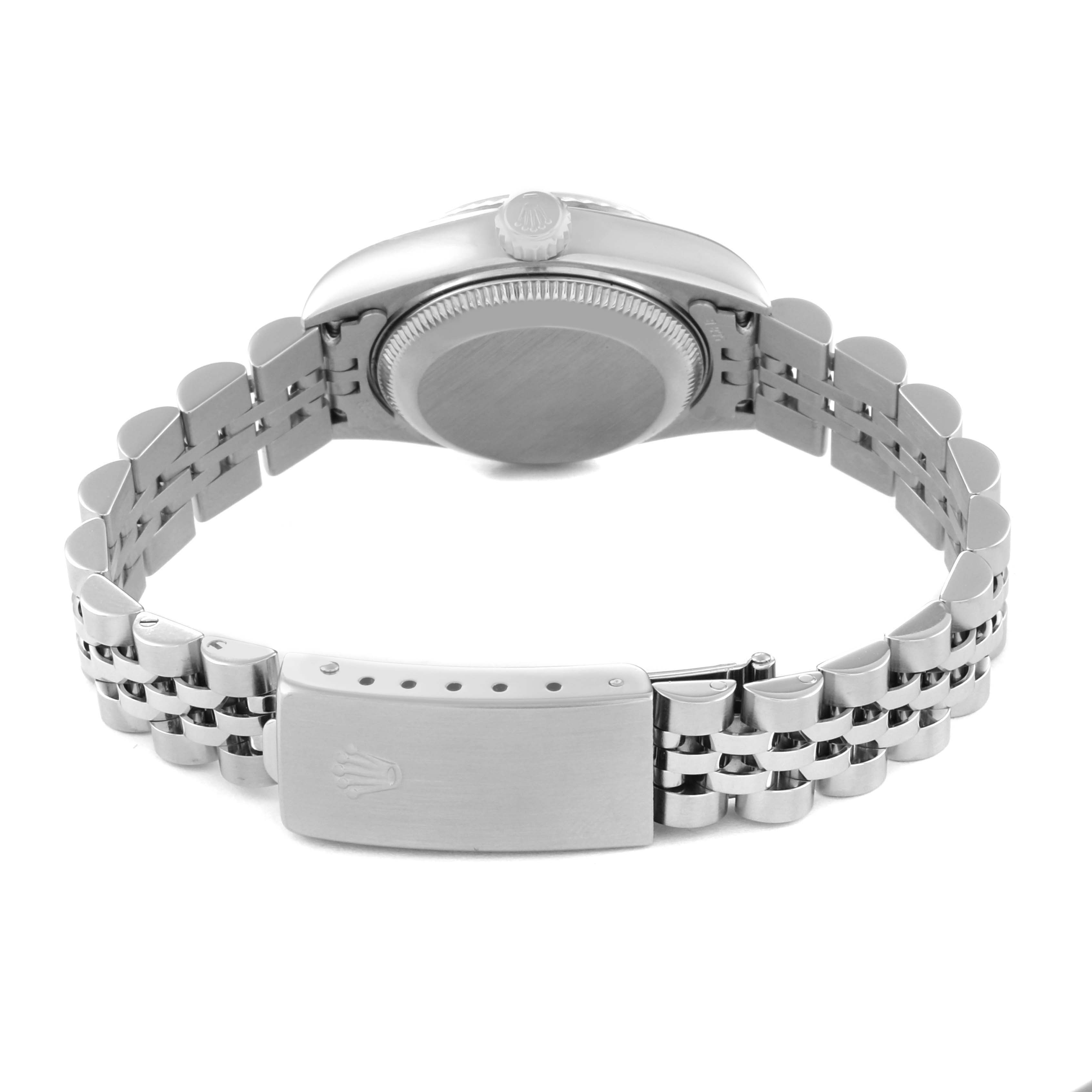 The image shows the back of a Rolex Datejust 79174 Women's Stainless Steel Silver Dial 79174 Women's Stainless Steel Silver Dial watch, including the case back and jubilee bracelet with a clasp.