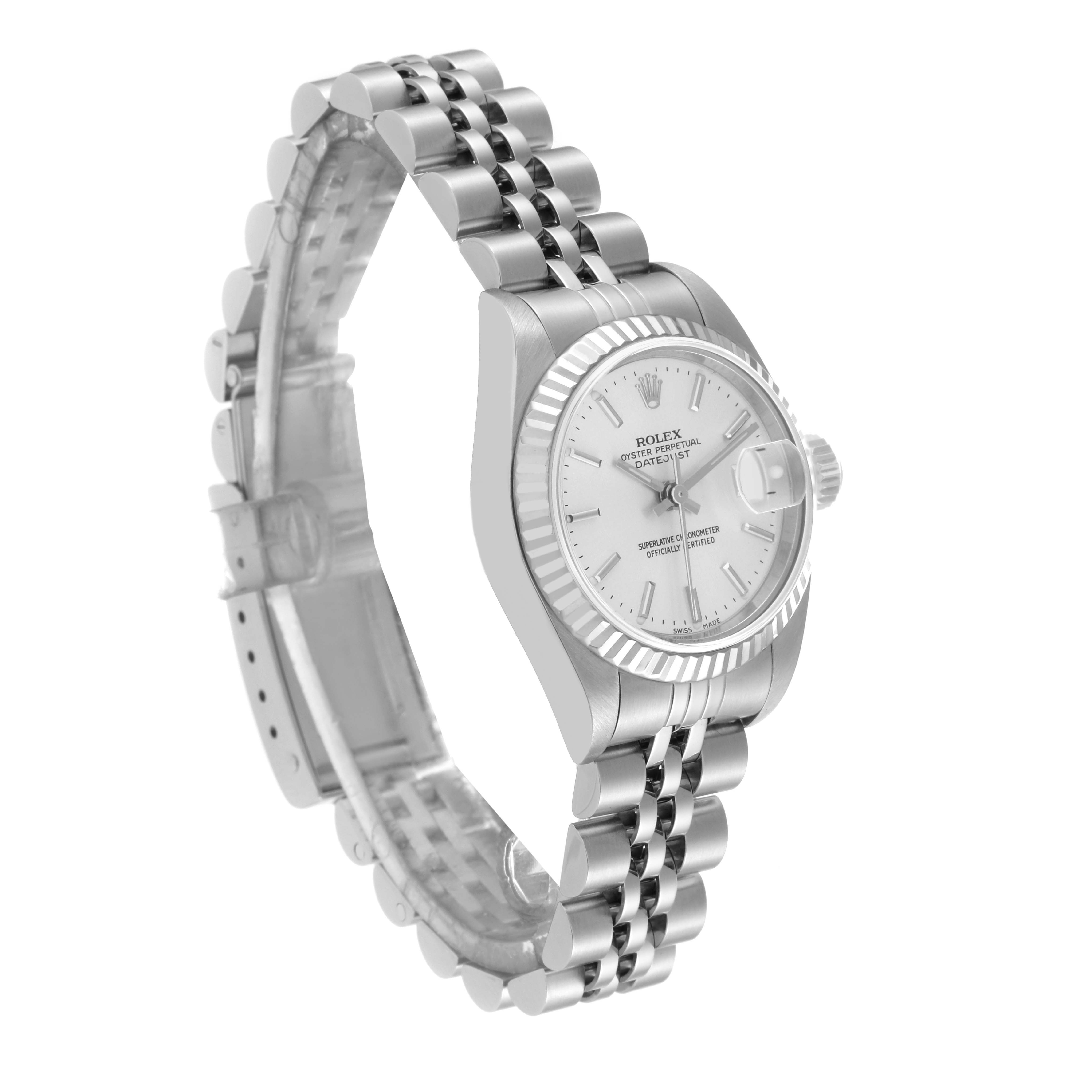 The image shows a side angle of a Rolex Datejust 79174 Women's Stainless Steel Silver Dial 79174 Women's Stainless Steel Silver Dial watch, highlighting its face, bezel, and stainless steel Jubilee bracelet.