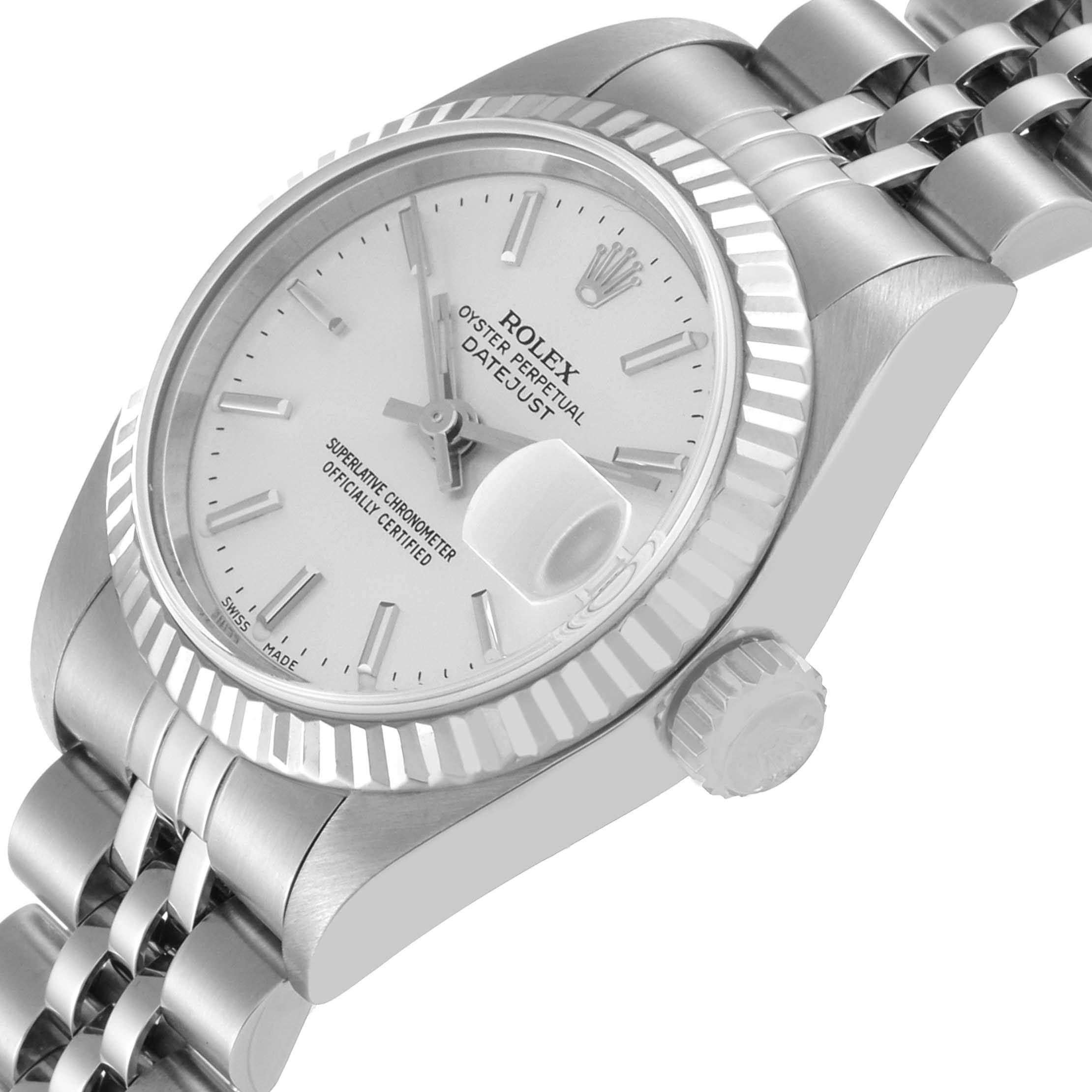 This image shows a close side view of the Rolex Datejust 79174 Women's Stainless Steel Silver Dial 79174 Women's Stainless Steel Silver Dial watch, highlighting the crown, bezel, and parts of the bracelet.
