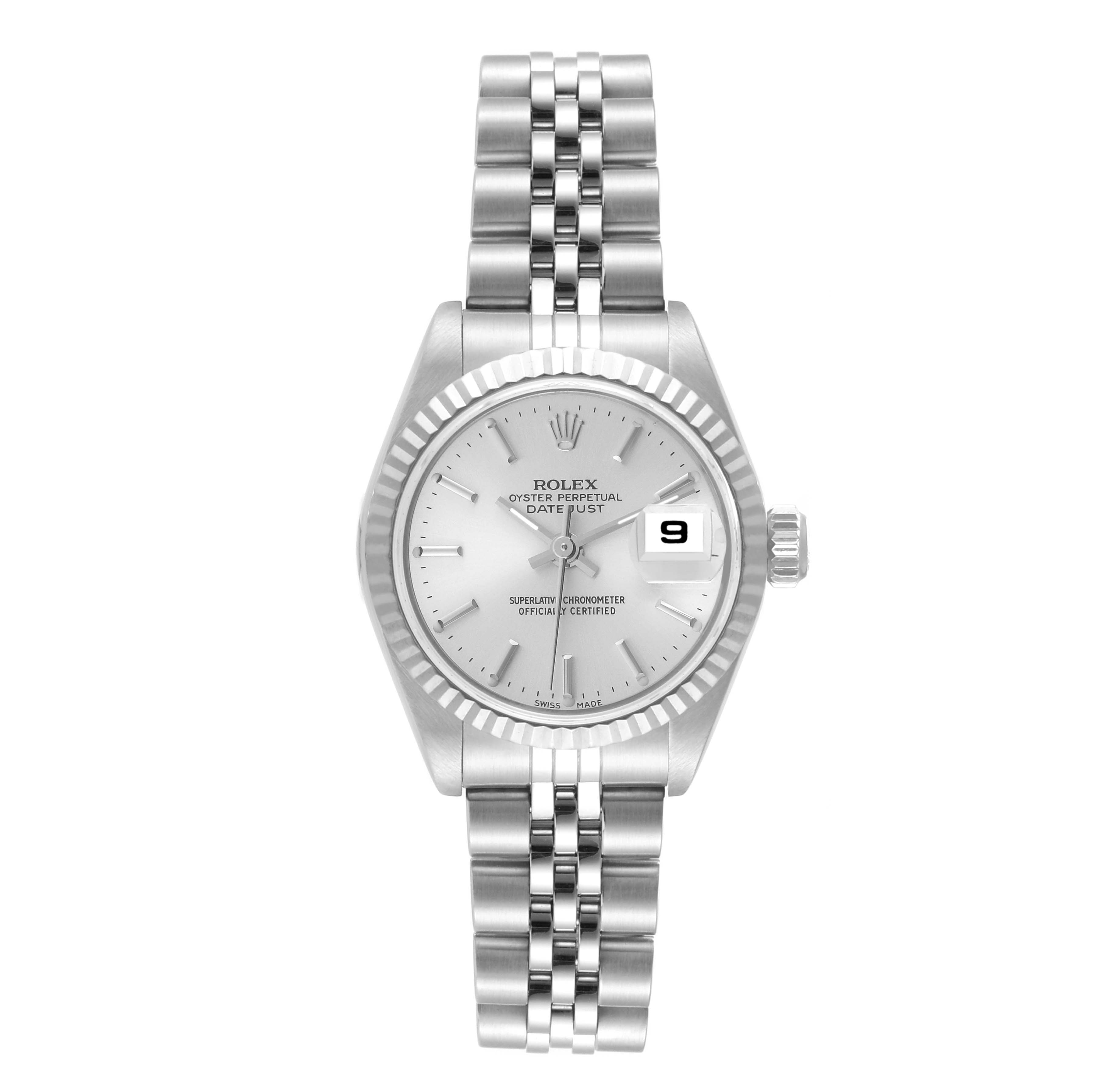 The image shows a front view of a Rolex Datejust 79174 Women's Stainless Steel Silver Dial 79174 Women's Stainless Steel Silver Dial watch, displaying its face, bezel, crown, and bracelet.