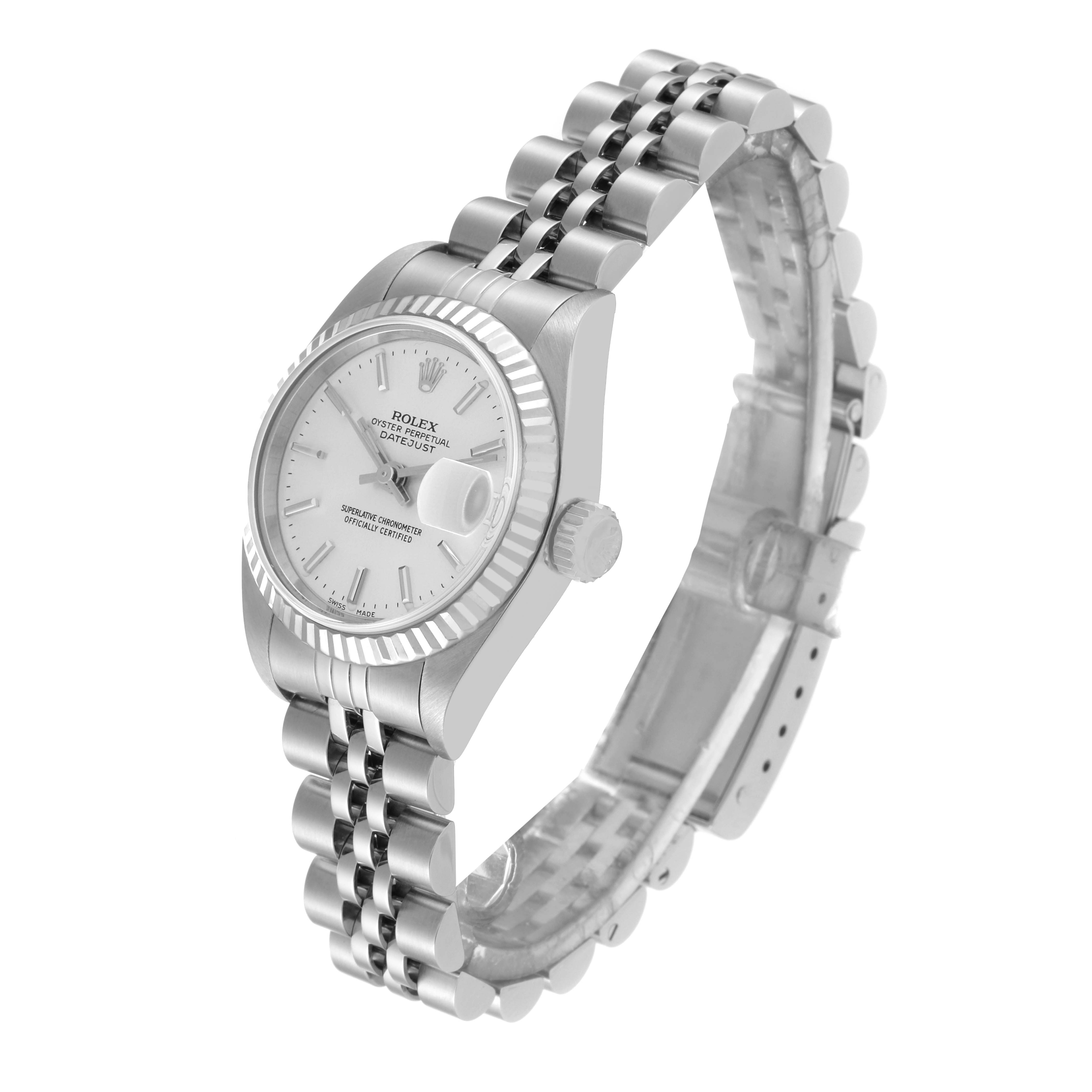 The image shows a Rolex Datejust 79174 Women's Stainless Steel Silver Dial 79174 Women's Stainless Steel Silver Dial watch at a 45-degree angle, highlighting the face, bezel, and part of the bracelet.