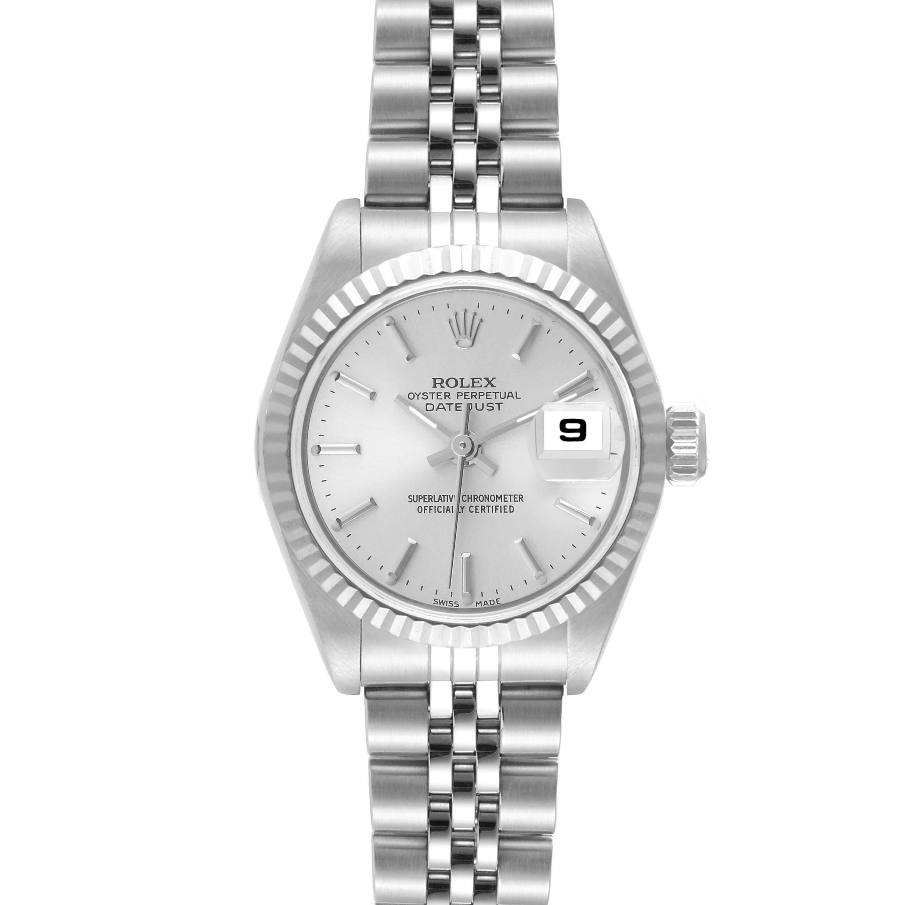 This is a frontal view of a Rolex Datejust 79174 Women's Stainless Steel Silver Dial 79174 Women's Stainless Steel Silver Dial watch, showing the dial, bezel, and bracelet clearly.