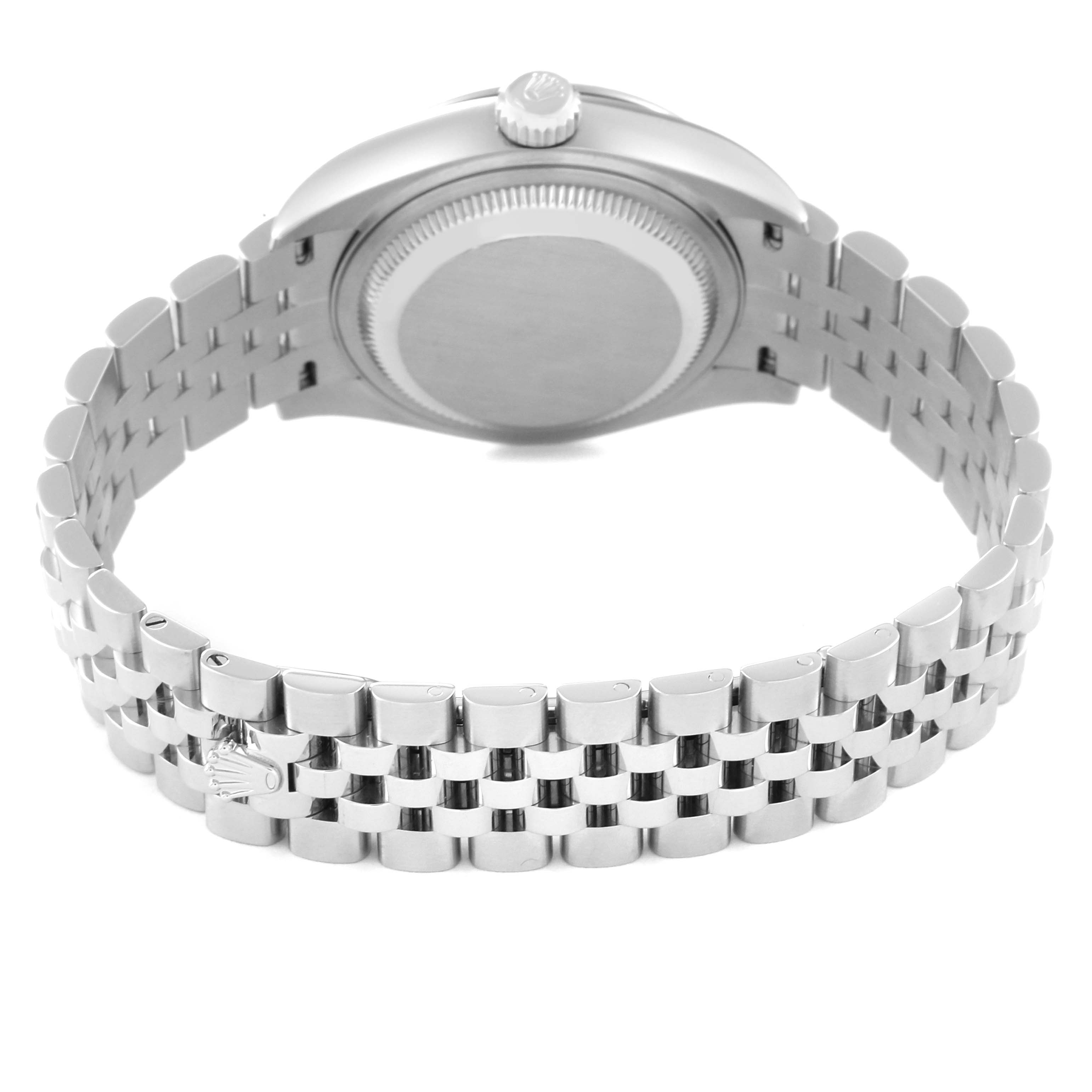 The image shows the back and side of the Rolex Datejust 279174 Women's Stainless Steel Grey Dial 279174 Women's Stainless Steel Grey Dial watch, focusing on its Jubilee bracelet and clasp.