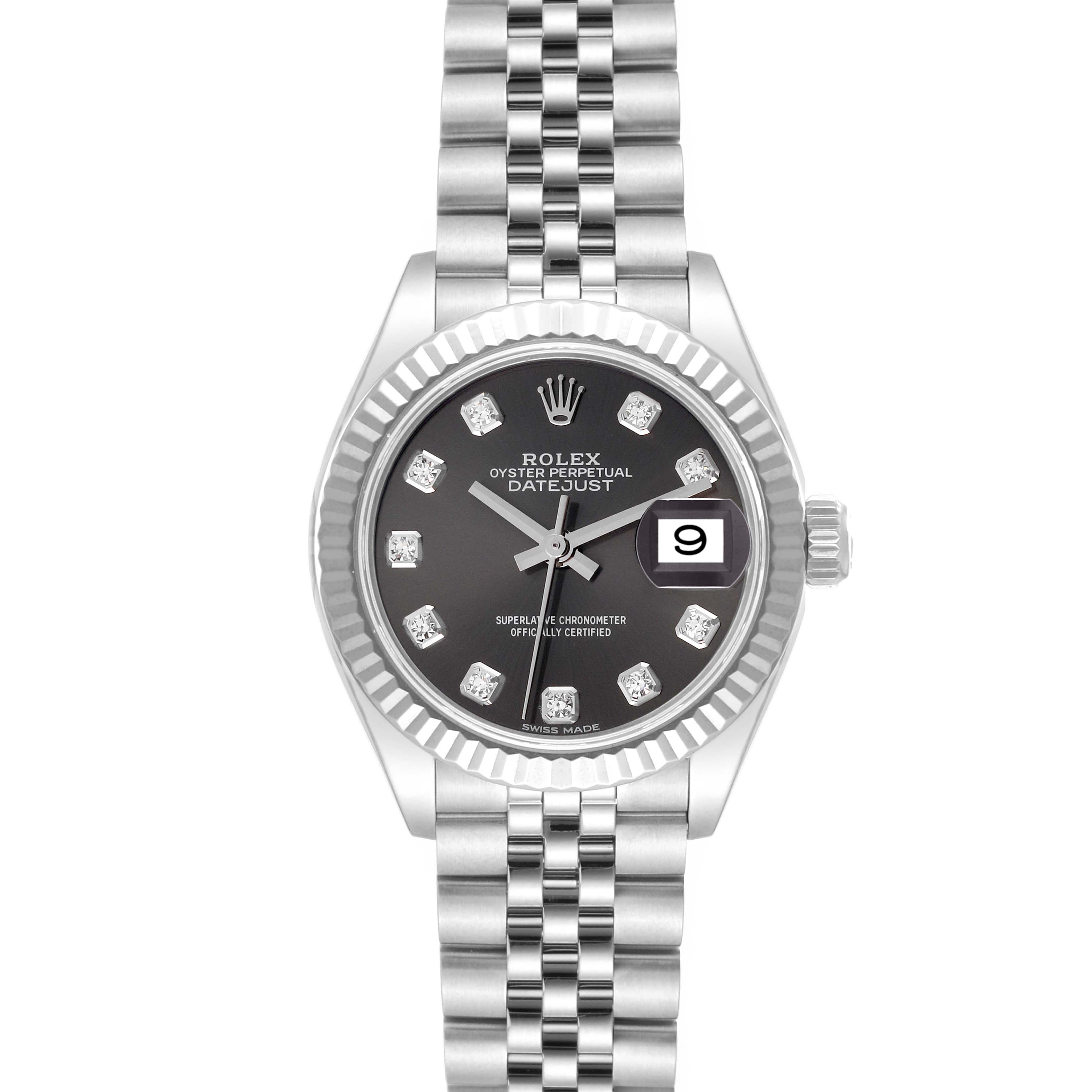 This Rolex Datejust 279174 Women's Stainless Steel Grey Dial 279174 Women's Stainless Steel Grey Dial model watch is shown from the front, displaying the face, bezel, bracelet, hands, and date window.