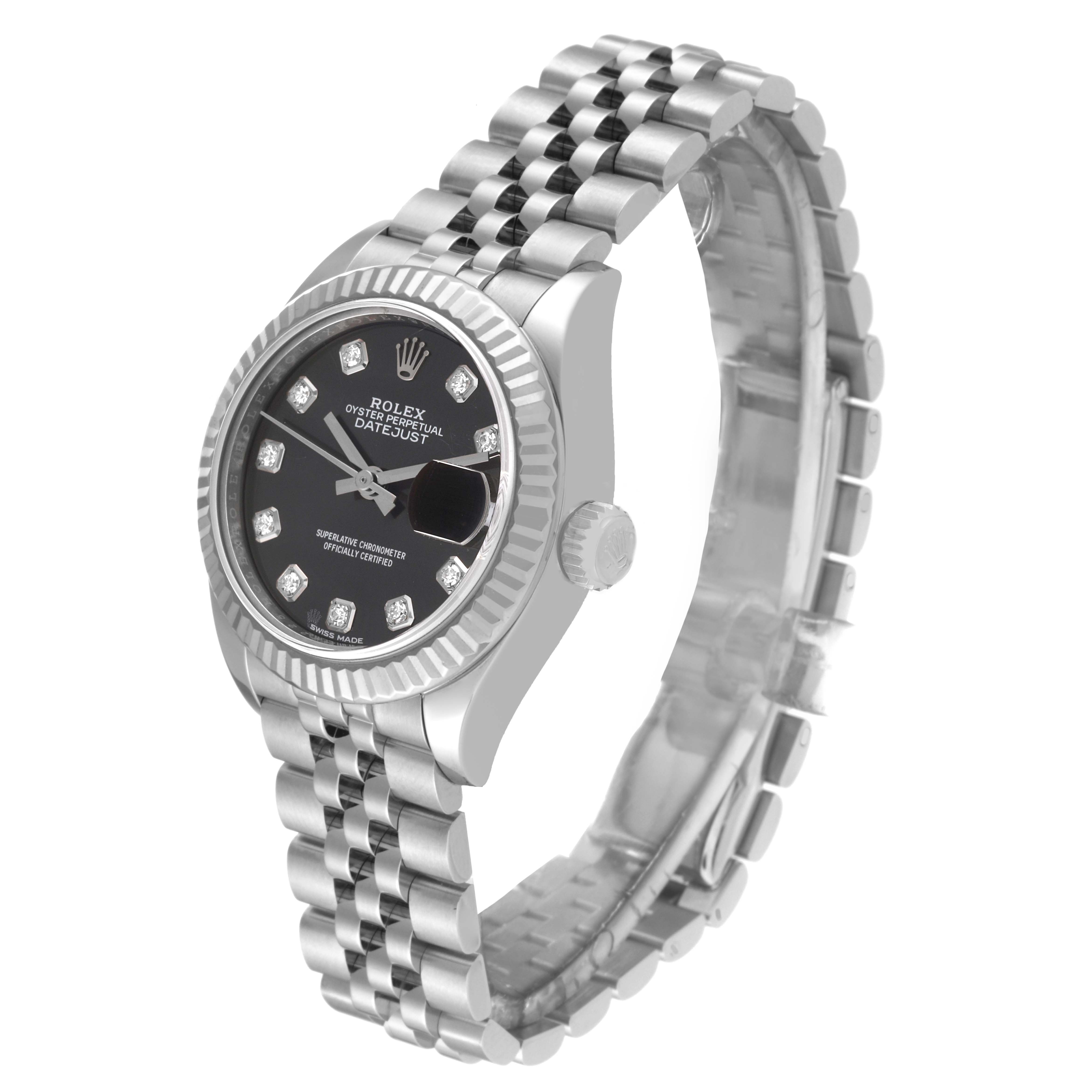 The image shows a side-angle view of a Rolex Datejust 279174 Women's Stainless Steel Grey Dial 279174 Women's Stainless Steel Grey Dial watch, highlighting its bracelet, crown, and black dial with diamond markers.