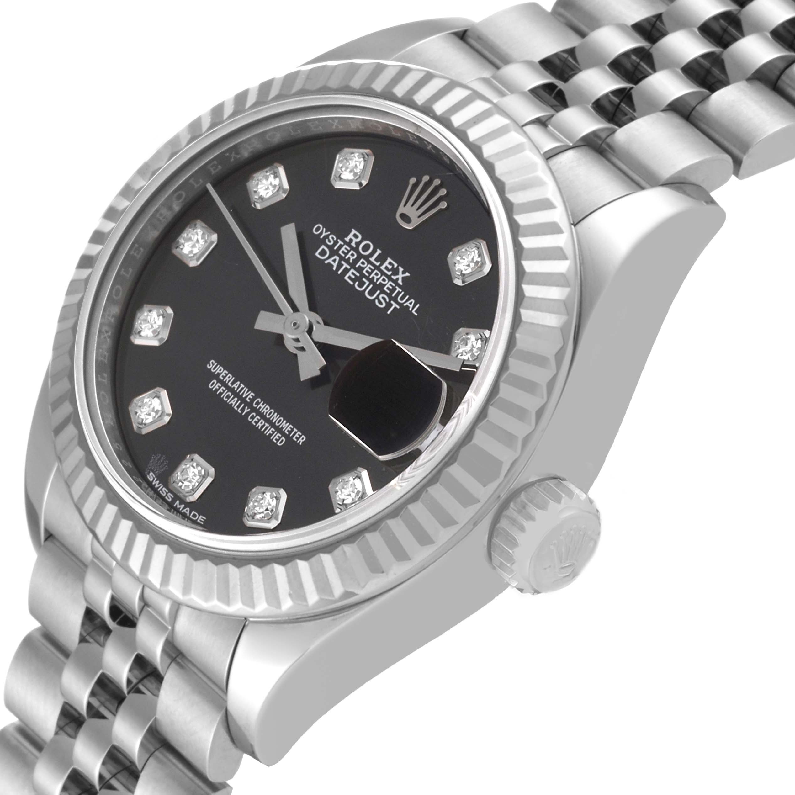 The image shows the front and side of a Rolex Datejust 279174 Women's Stainless Steel Grey Dial 279174 Women's Stainless Steel Grey Dial watch, highlighting the black dial and jubilee bracelet.