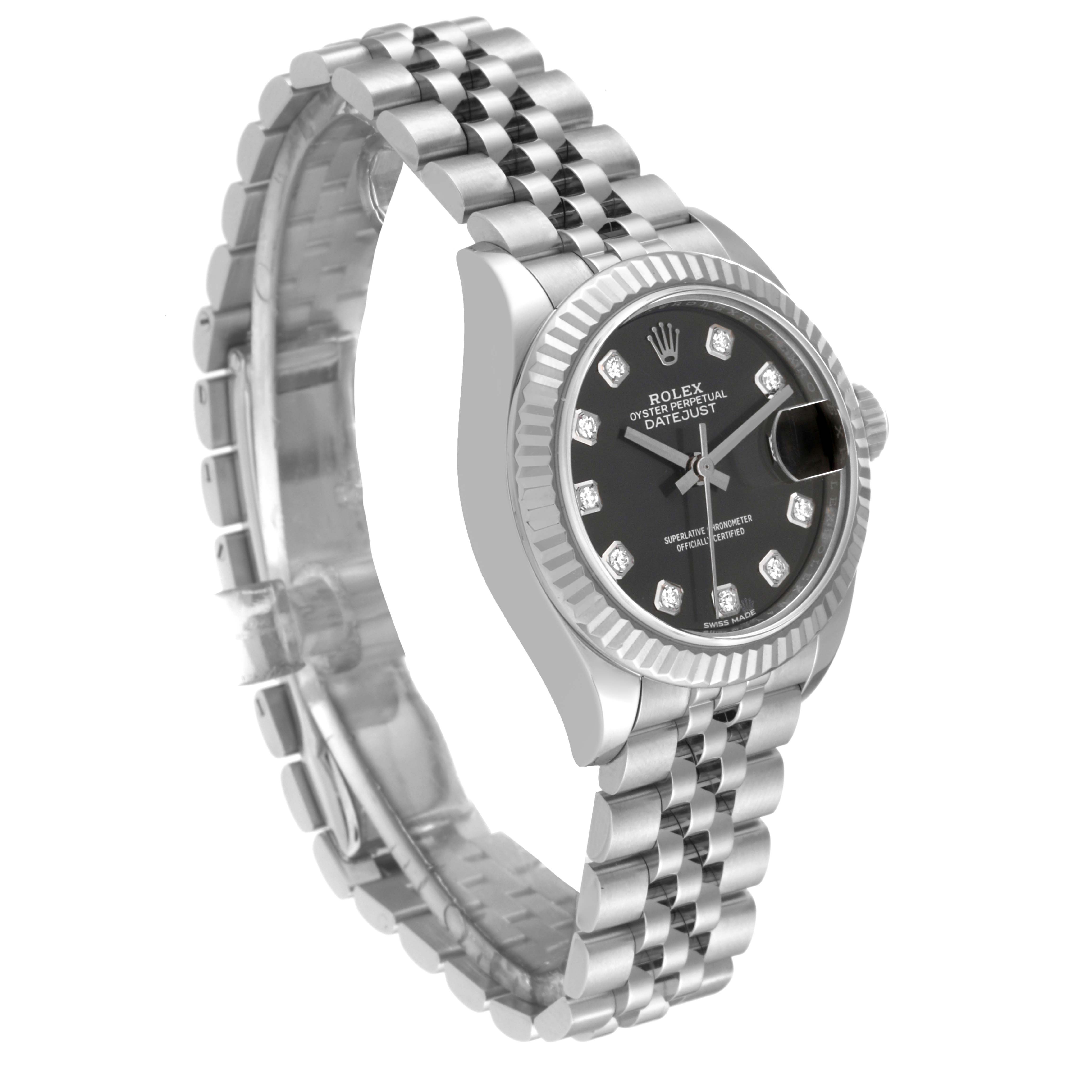 The Rolex Datejust 279174 Women's Stainless Steel Grey Dial 279174 Women's Stainless Steel Grey Dial watch is shown at an oblique angle, highlighting the face, bezel, crown, and bracelet.