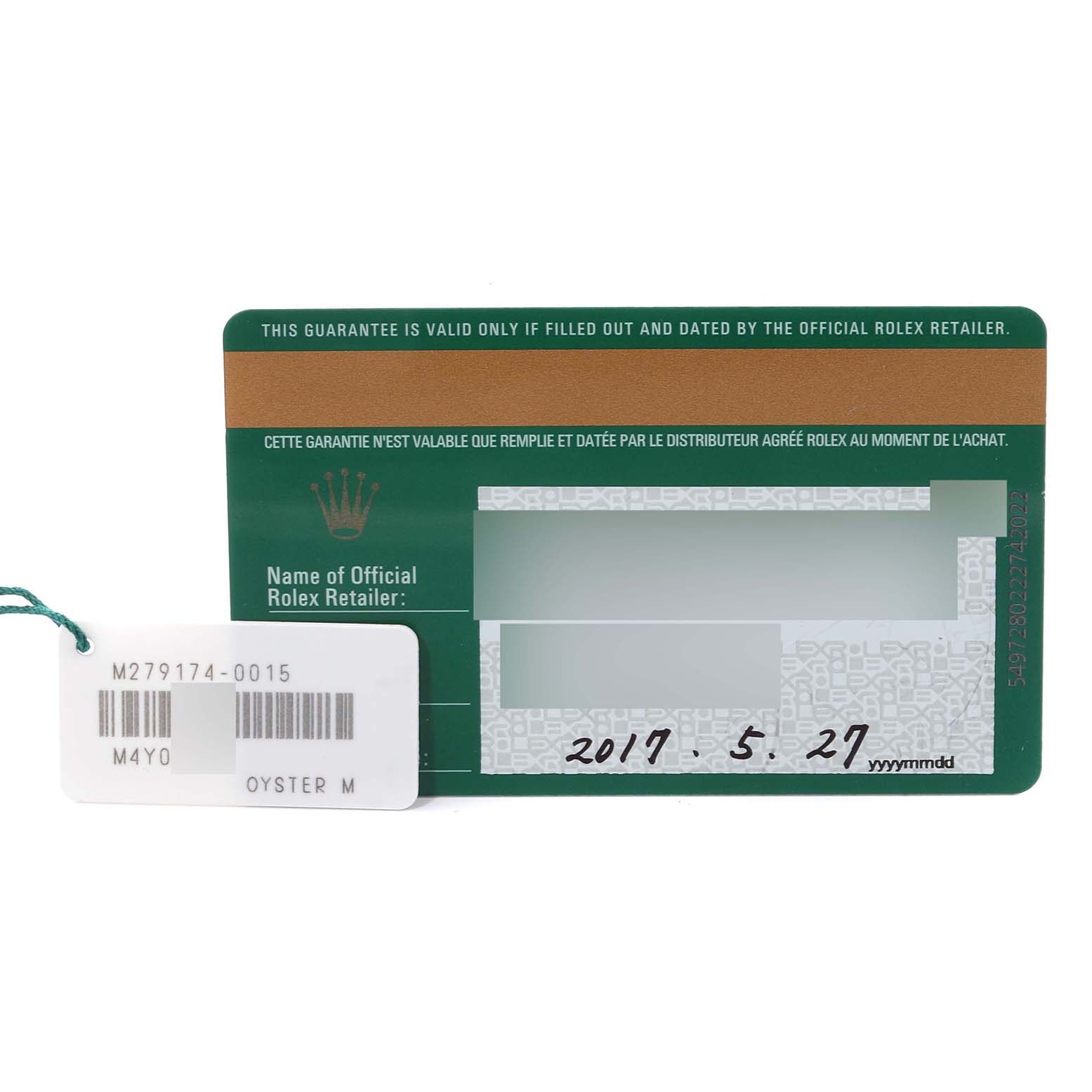 The image shows a warranty card and tag for a Rolex Datejust 279174 Women's Stainless Steel Grey Dial 279174 Women's Stainless Steel Grey Dial watch, displaying the serial number, date, and retailer section.